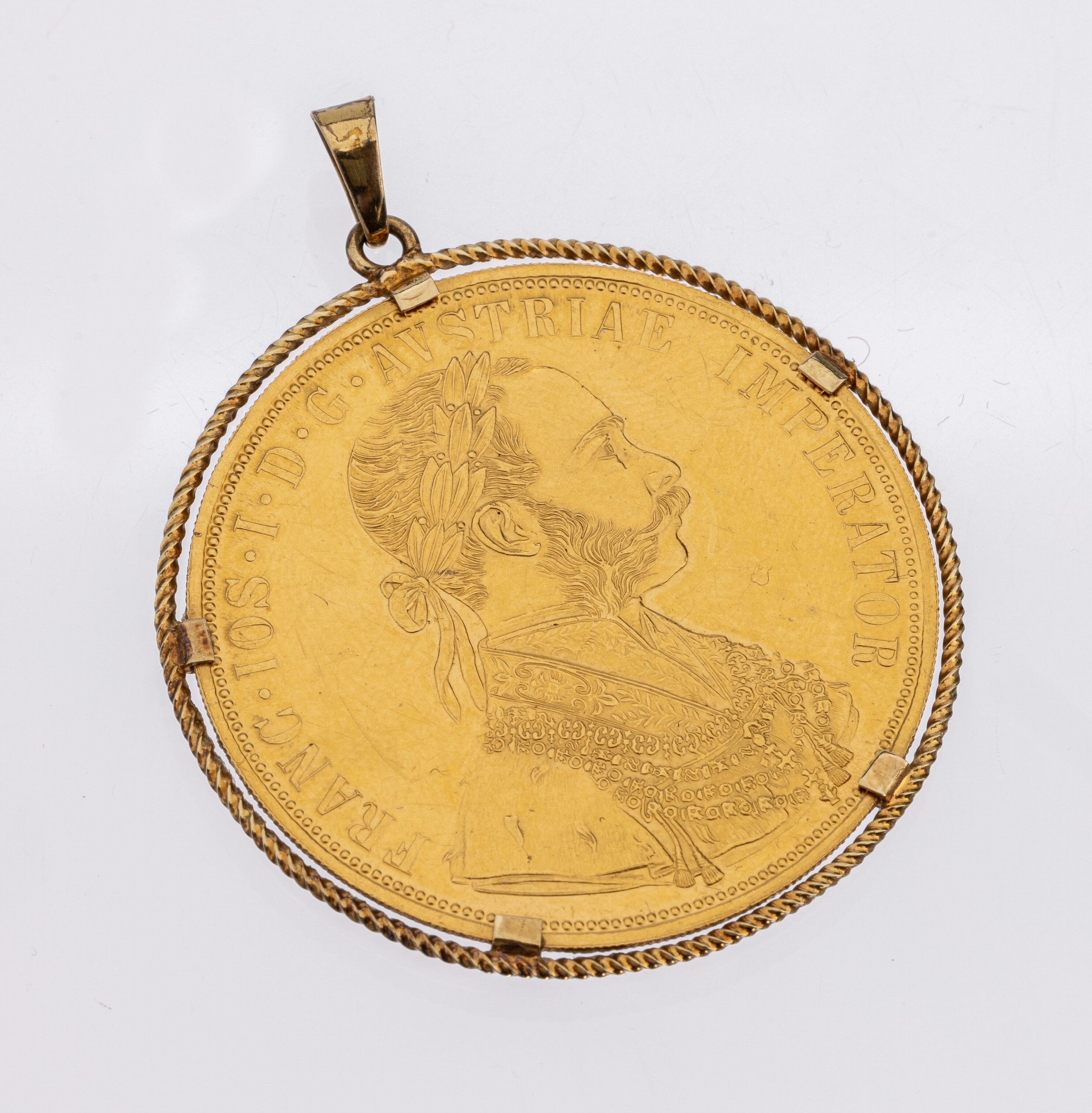 14 kt Gold Münz-Anhänger, GG 585/000, schlicht, lose gefasste Goldmünze, 4 Dukaten, Österreich-Ungarn, 1915 offizielle Nachprägung, starke ...