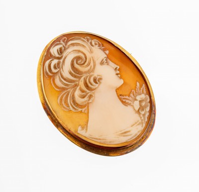 Image 14 kt gold cameo-brooch , YG 585/000 tested,oval shell cameo, presentation of a young ...