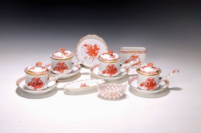 Image 5 cream cups with saucers and ashtrays, basketbowls, plates and vessels, Apponiy in red, ...