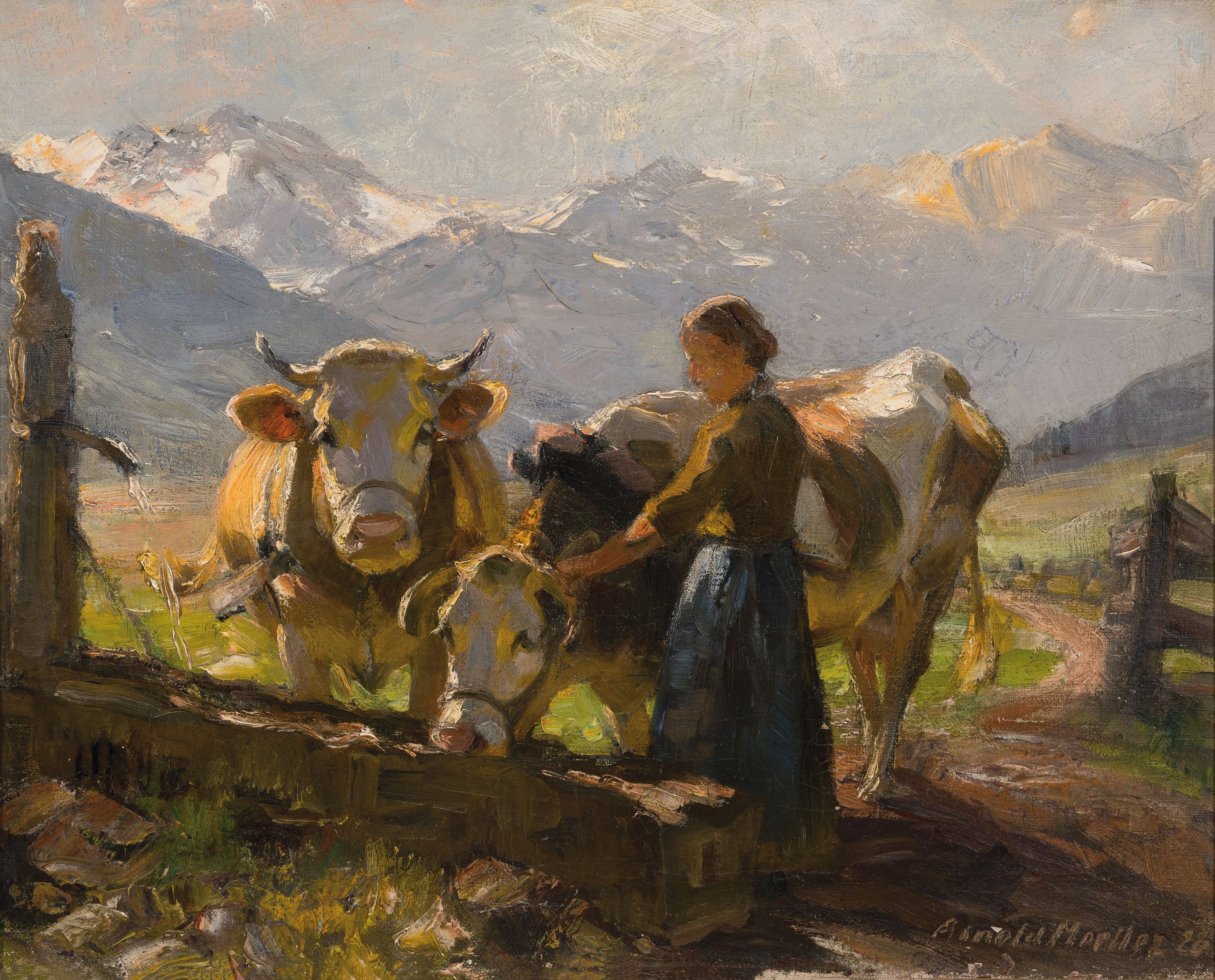 Arnold Moeller, 1886 Bückeburg-1963 Bruckmühl, Almlandschaft Bäuerin mit zwei Kühen an der Tränke, rechts unten signiert und datiert 1926 ...