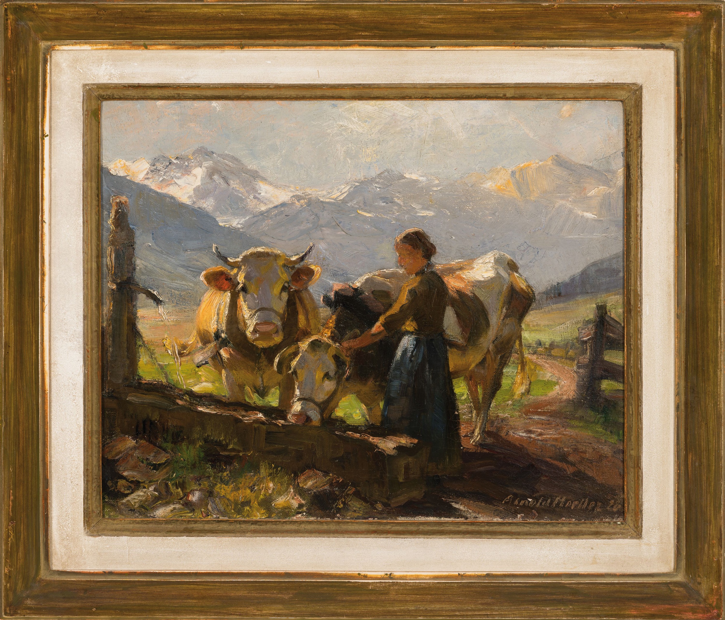 Detail k: Arnold Moeller, 1886 Bückeburg-1963 Bruckmühl, Almlandschaft Bäuerin mit zwei Kühen an der Tränke, rechts unten signiert und datiert 1926 ...