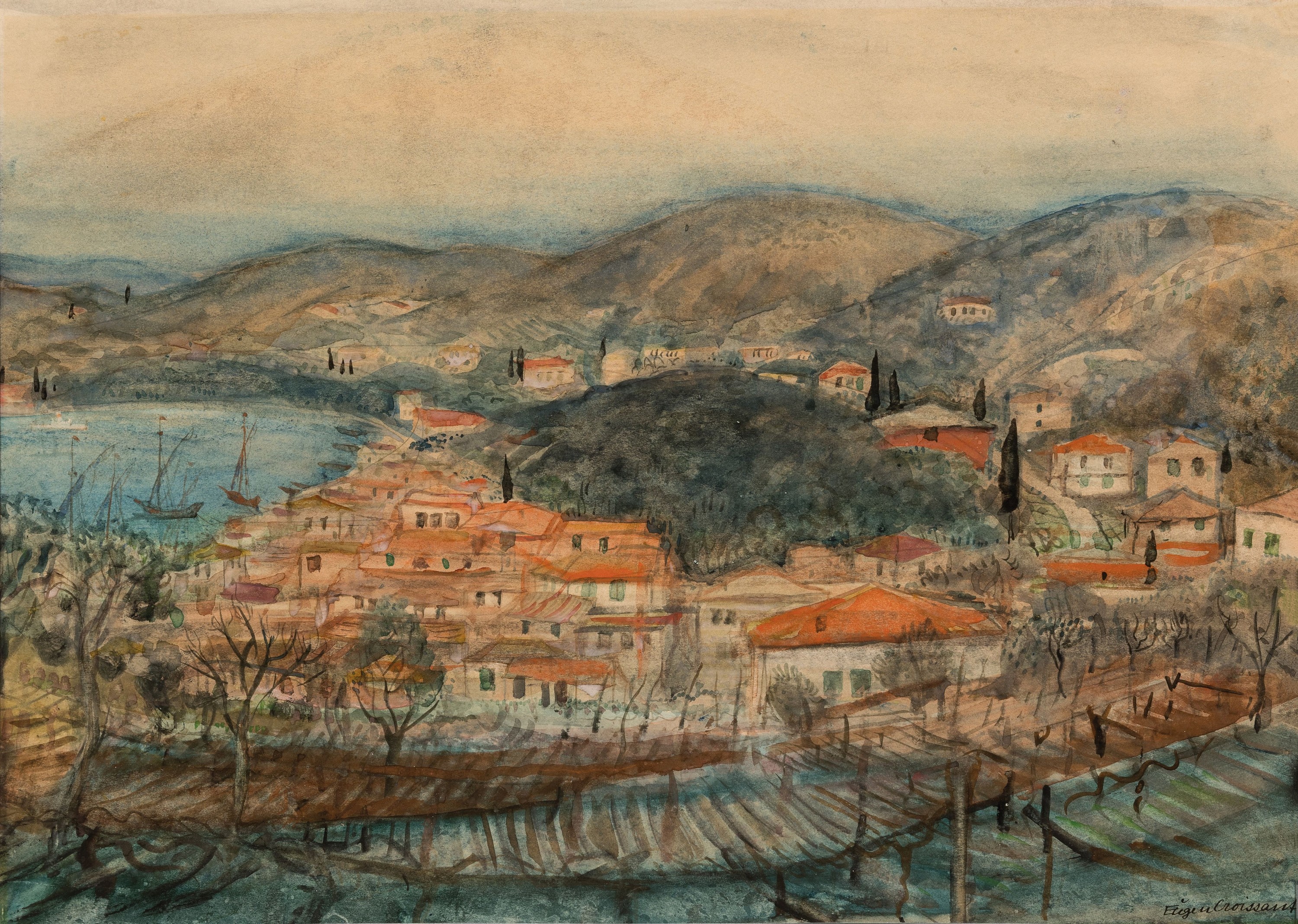Eugen Croissant, 1898 Landau-1976 Breitbrunn , Aquarell, südliche Hafenlandschaft, rechtsunten signiert, unter PP und Glas gerahmt 49x61 cm