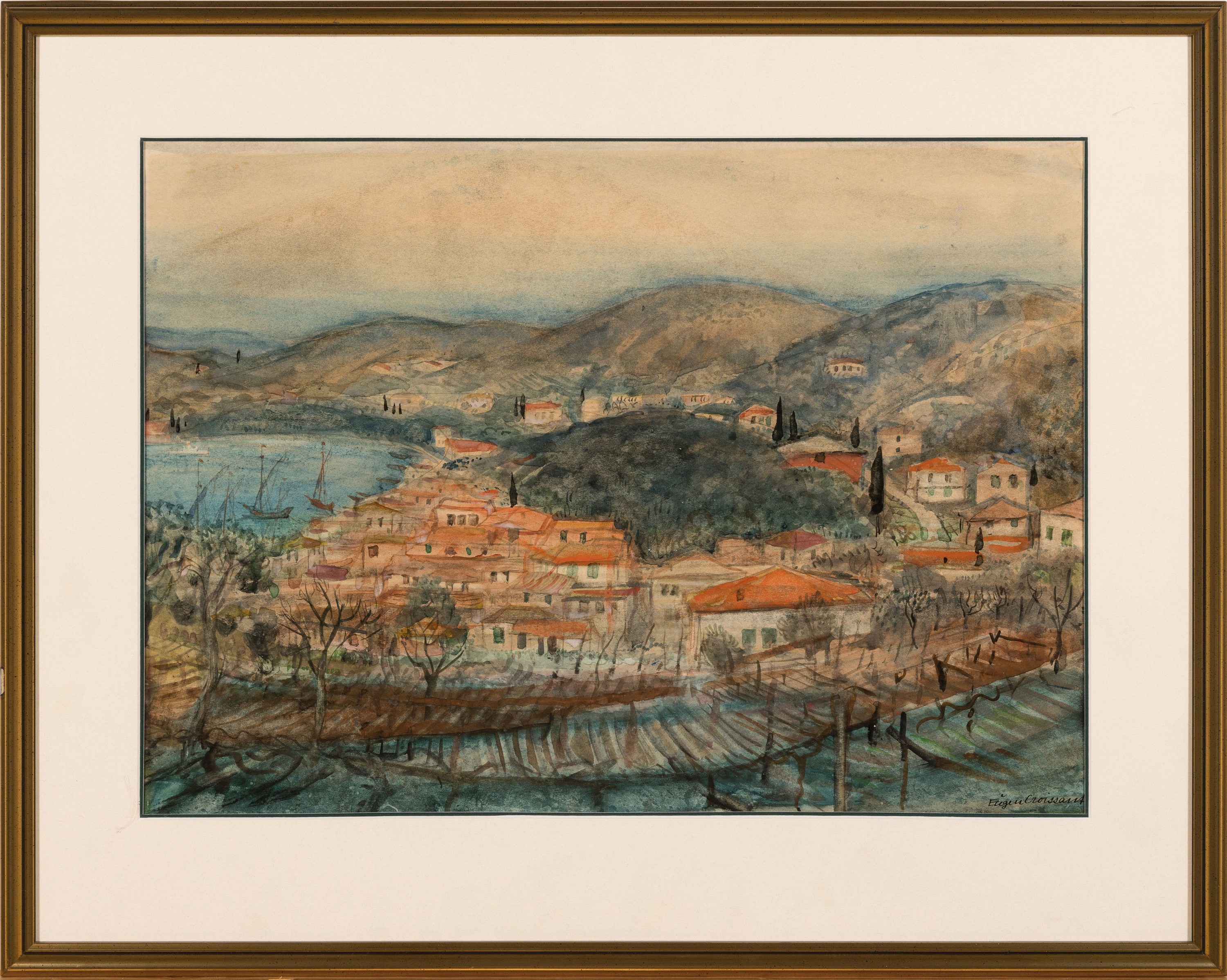 Detail k: Eugen Croissant, 1898 Landau-1976 Breitbrunn , Aquarell, südliche Hafenlandschaft, rechtsunten signiert, unter PP und Glas gerahmt 49x61 cm