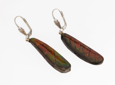 Image Pair of ammolite-earrings , silver tested, movable suspension with elongated ammolite, ...