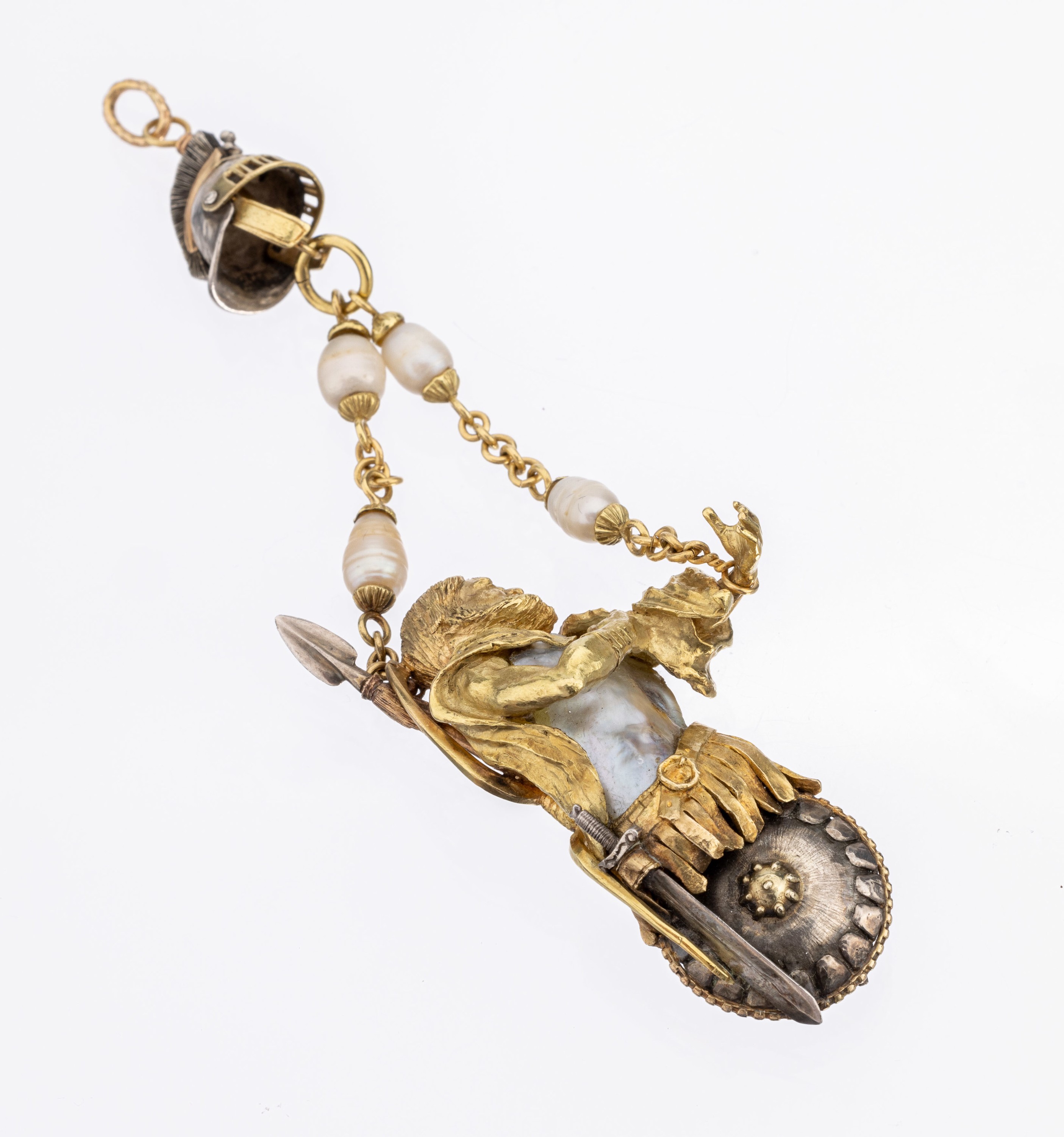 18 kt Gold Perl-Anhänger, um 1880-90, GG 750/000, außergewöhnlich, qualitätvolle Verarbeitung, Darstellung eines Kriegers aus der Antike, ...