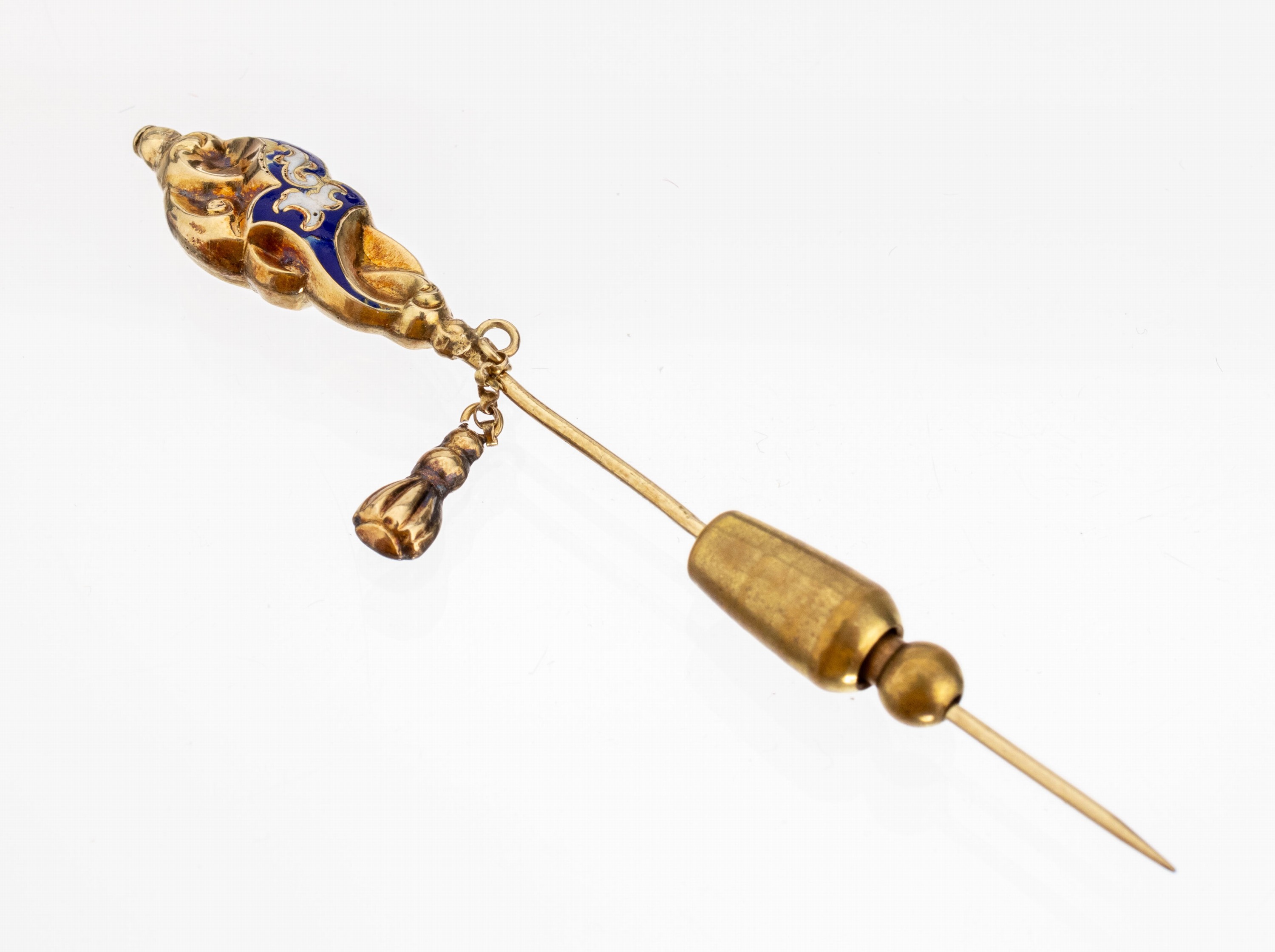 Detail a: Biedermeier Anstecknadel, GG 585/000 gepr.,um 1880/90, blau/weiß emaill., kl. Kettenabhängung mit Pampel, ca. 2.6 g, in Etui