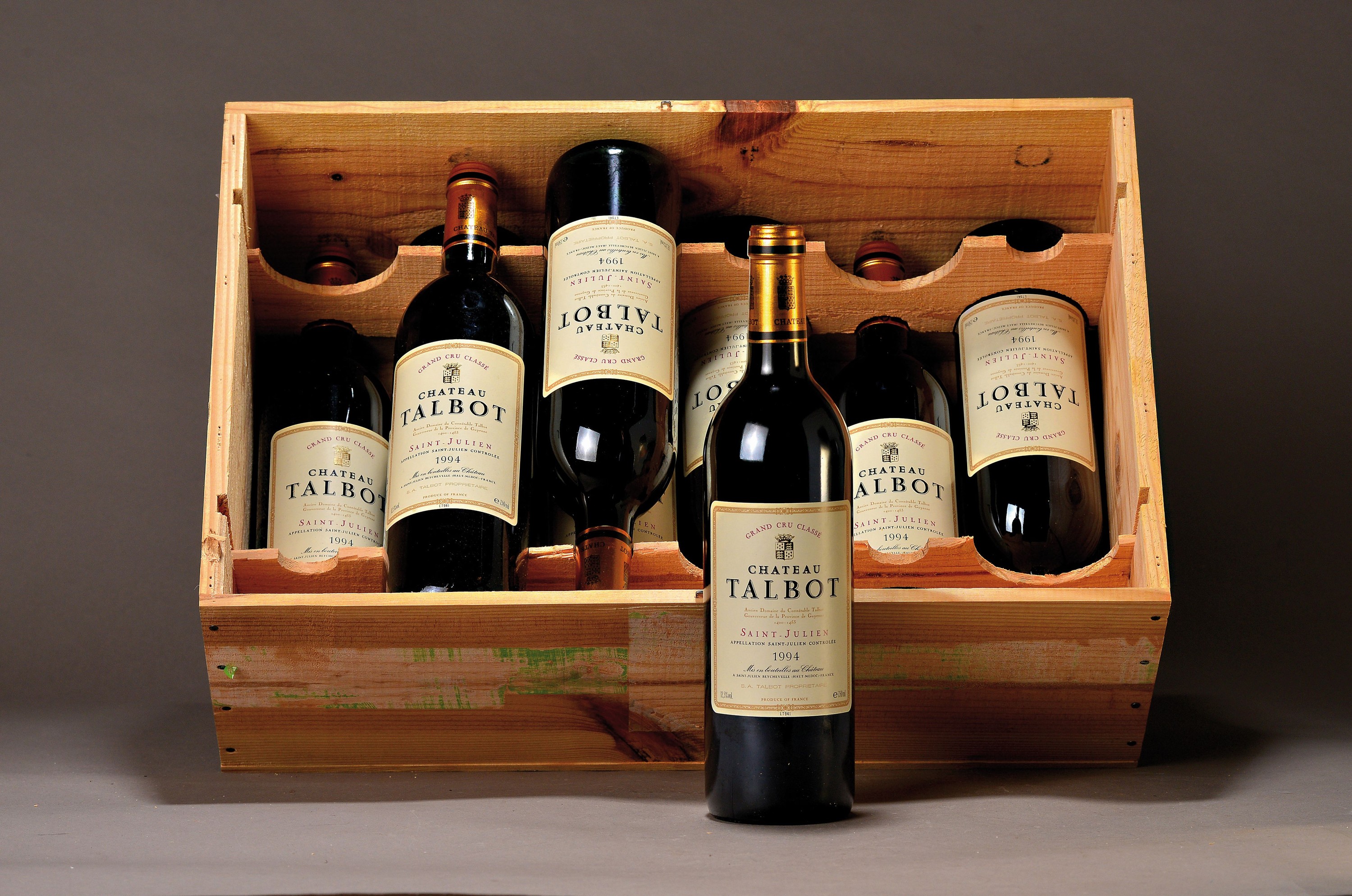 9 Flaschen 1994 Chateau Talbot, Saint-Julien, Grand Cru Classe, je ca. 750ml, 12,5% Vol., High Fill, in orig. Holzkiste