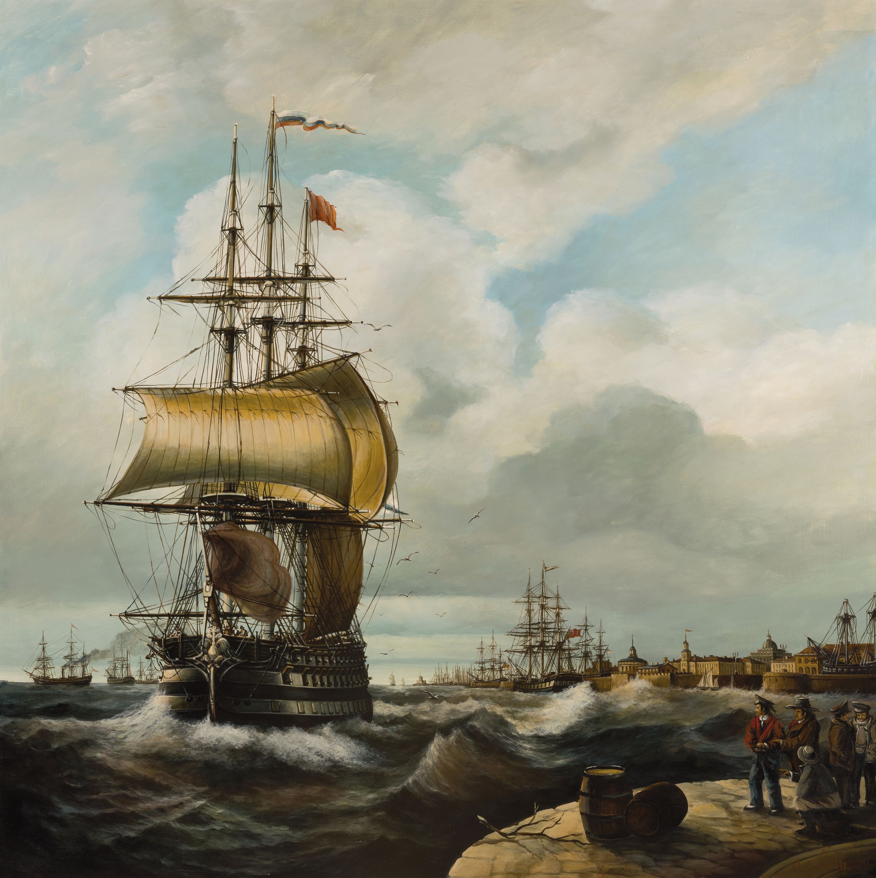 Anna und Andy(Andrzeij) Orlinski, zeitgenössische polnische Marinemaler, tätig in Warschau und Nieporet, Hafenansicht mit grossem Dreimaster und ...