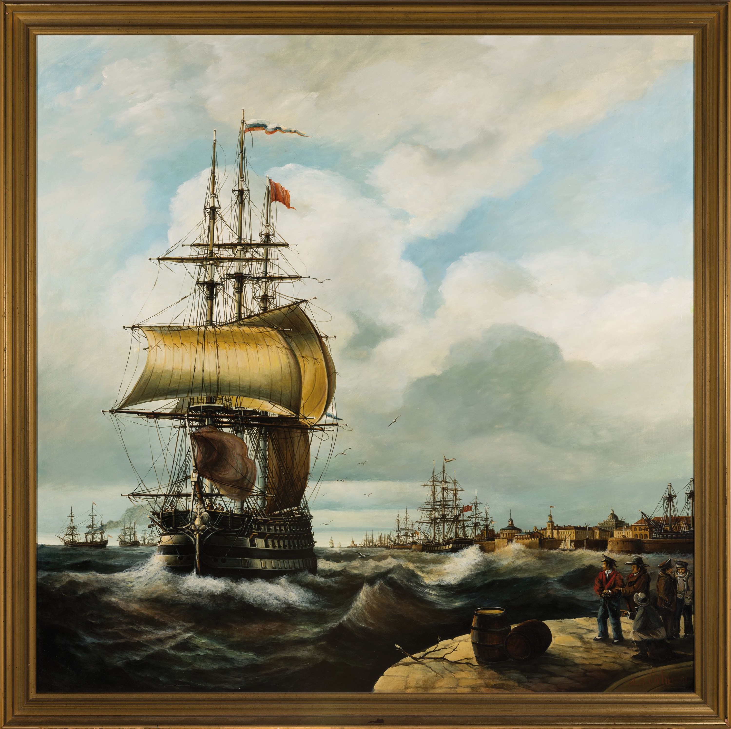 Detail k: Anna und Andy(Andrzeij) Orlinski, zeitgenössische polnische Marinemaler, tätig in Warschau und Nieporet, Hafenansicht mit grossem Dreimaster und ...