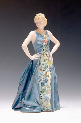 Image Ceramic sculpture, Keramos, 1920s, lady in blue evening wear, model no. 1665, painted, ...