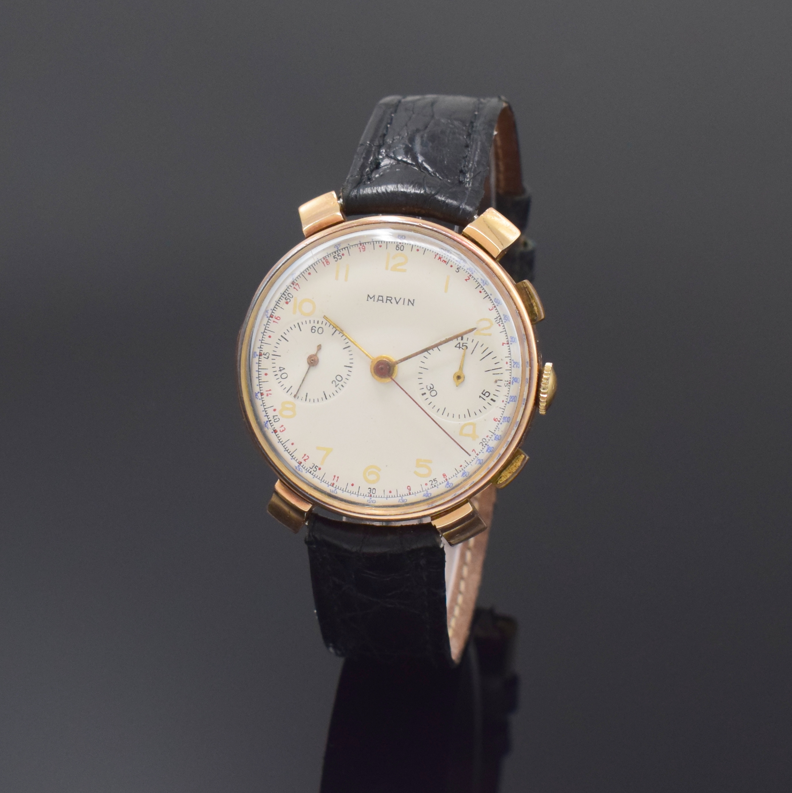 MARVIN Schaltradchronograph Kaliber Valjoux 22 in RG 585/000, Schweiz um 1940, Handaufzug, 3-tlg. Geh. dell., Boden u. Glasrand aufgedr., ...