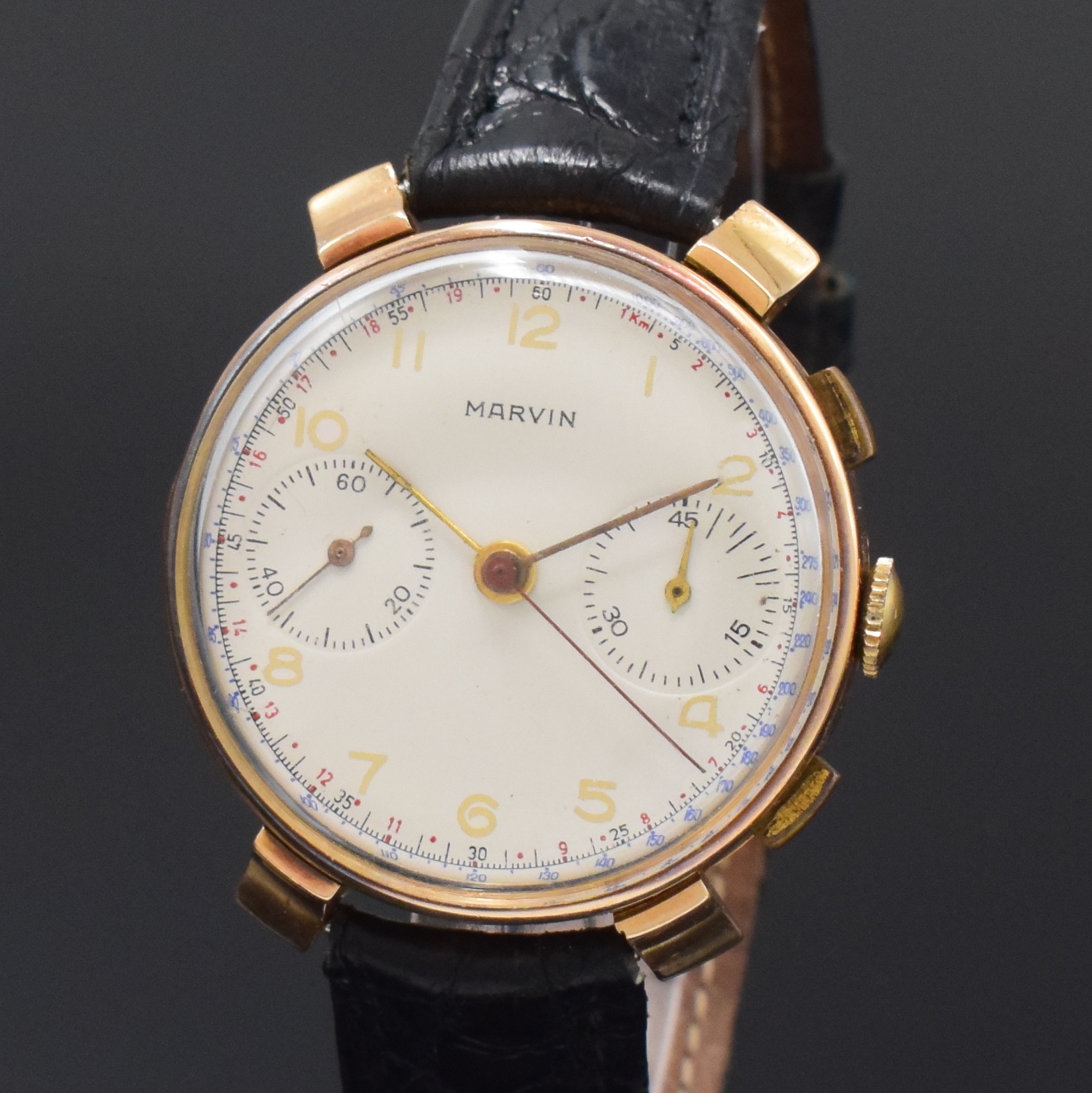 Detail a: MARVIN Schaltradchronograph Kaliber Valjoux 22 in RG 585/000, Schweiz um 1940, Handaufzug, 3-tlg. Geh. dell., Boden u. Glasrand aufgedr., ...