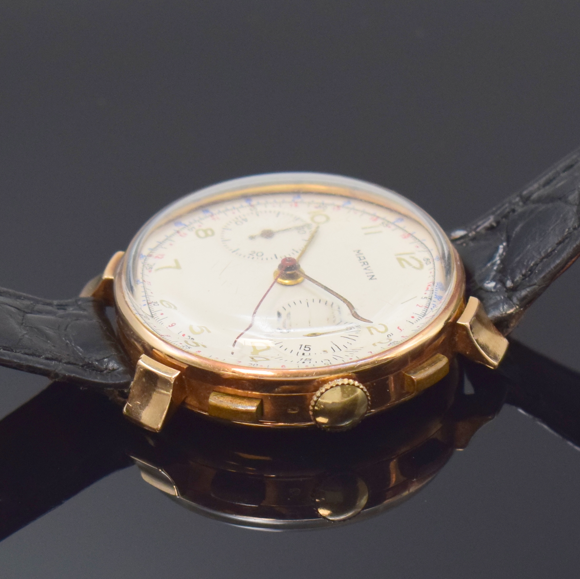 Detail b: MARVIN Schaltradchronograph Kaliber Valjoux 22 in RG 585/000, Schweiz um 1940, Handaufzug, 3-tlg. Geh. dell., Boden u. Glasrand aufgedr., ...