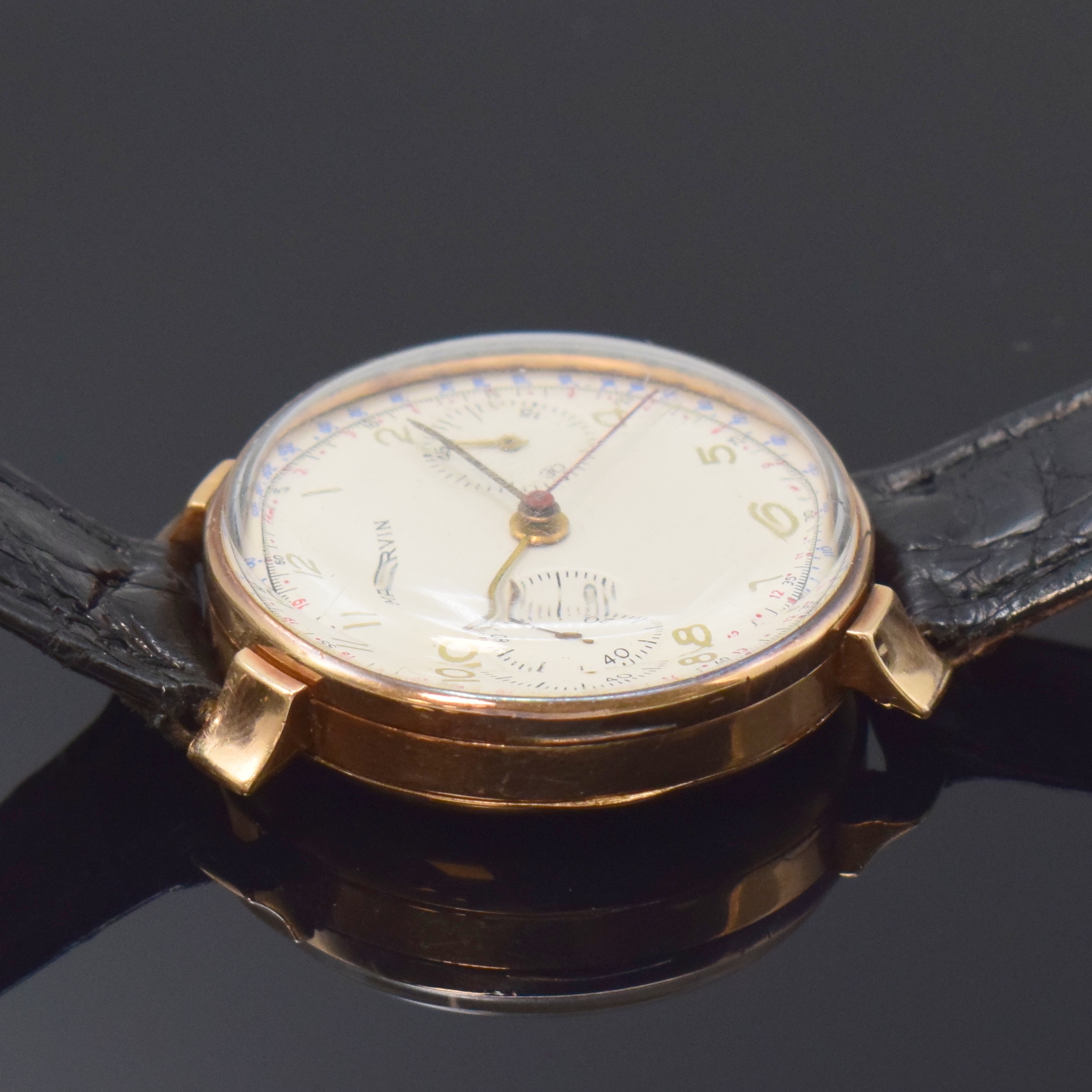 Detail c: MARVIN Schaltradchronograph Kaliber Valjoux 22 in RG 585/000, Schweiz um 1940, Handaufzug, 3-tlg. Geh. dell., Boden u. Glasrand aufgedr., ...