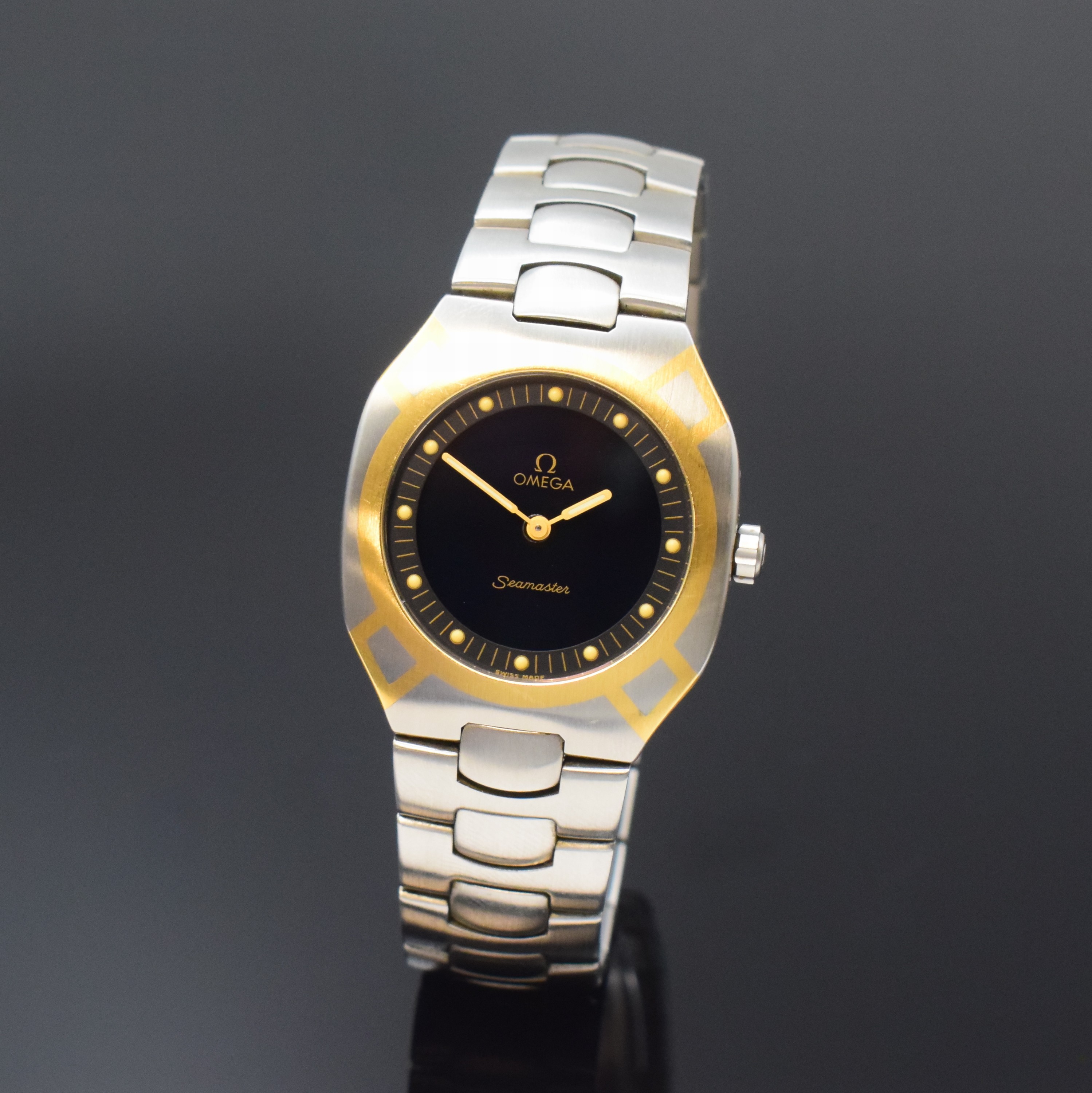 OMEGA Seamaster Polaris Multi-Funktions- Armbanduhr Referenz 386.0822 in Stahl/Gold, Schweiz um 1990, quarz, satiniertes Geh., 4- fach verschr. Boden ...