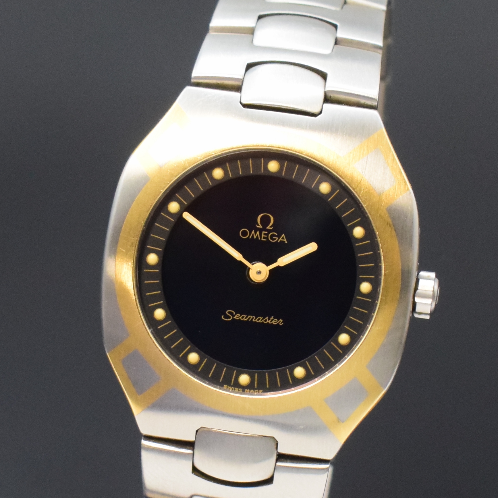 Detail a: OMEGA Seamaster Polaris Multi-Funktions- Armbanduhr Referenz 386.0822 in Stahl/Gold, Schweiz um 1990, quarz, satiniertes Geh., 4- fach verschr. Boden ...