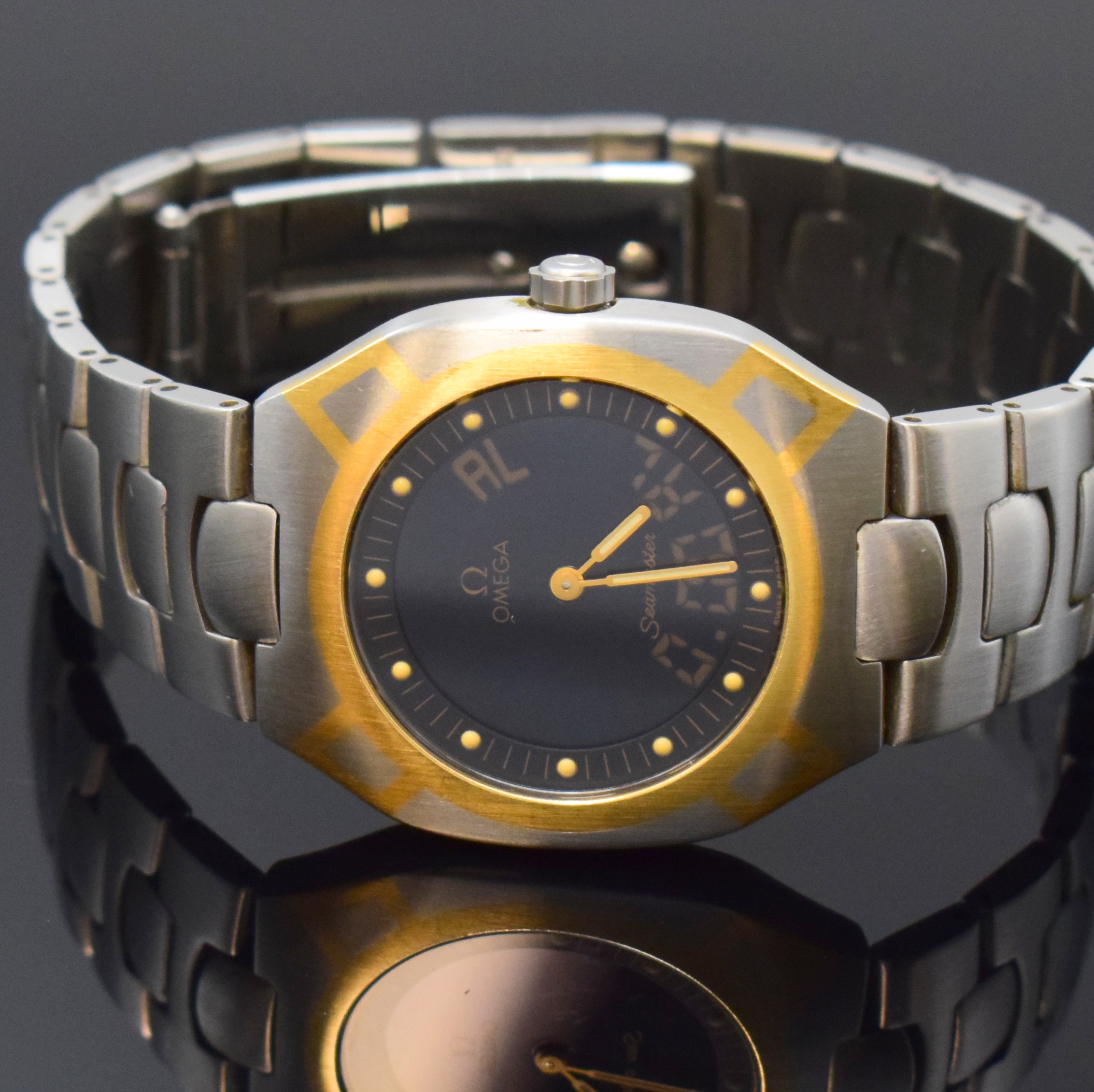 Detail b: OMEGA Seamaster Polaris Multi-Funktions- Armbanduhr Referenz 386.0822 in Stahl/Gold, Schweiz um 1990, quarz, satiniertes Geh., 4- fach verschr. Boden ...