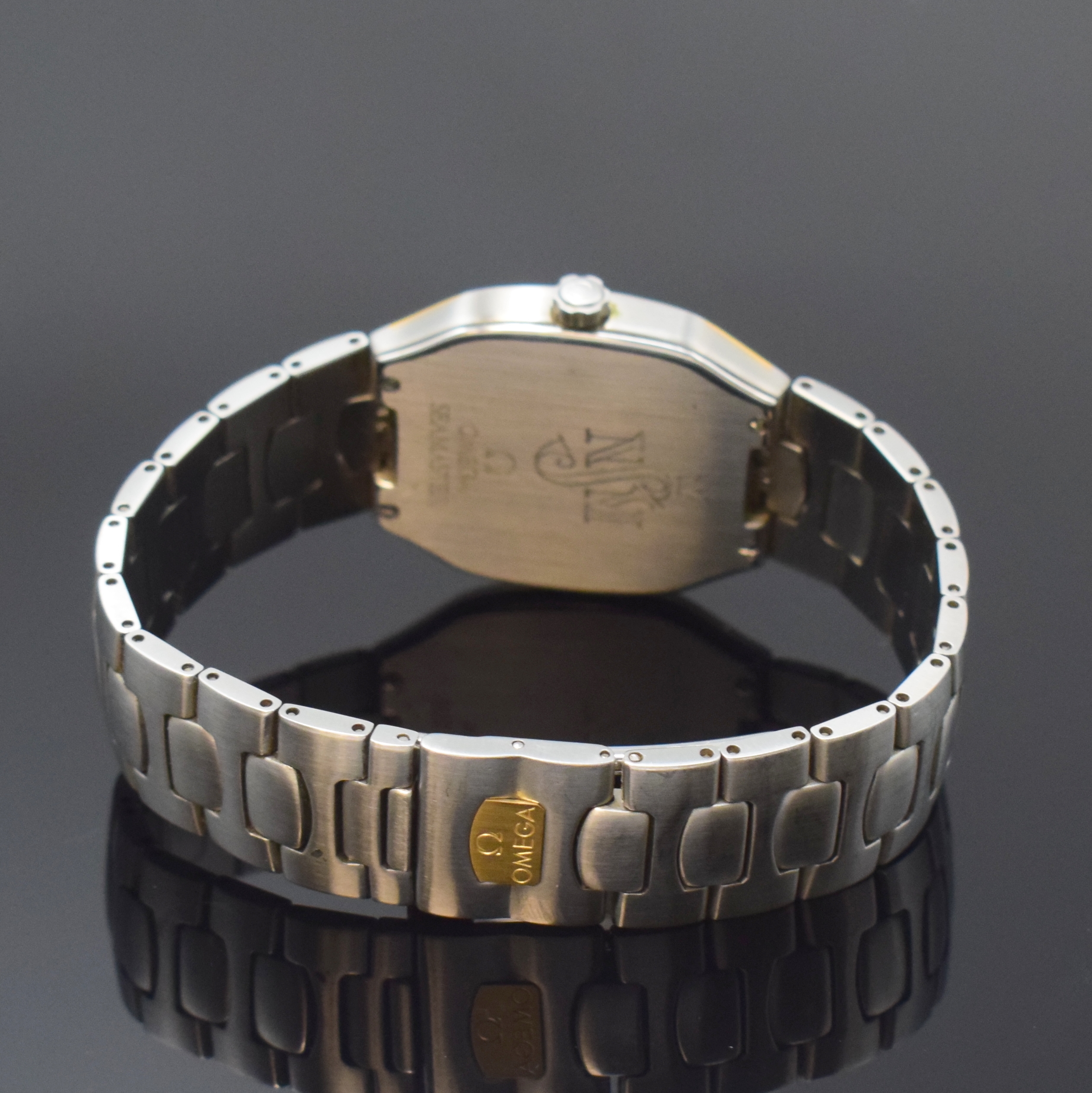 Detail d: OMEGA Seamaster Polaris Multi-Funktions- Armbanduhr Referenz 386.0822 in Stahl/Gold, Schweiz um 1990, quarz, satiniertes Geh., 4- fach verschr. Boden ...