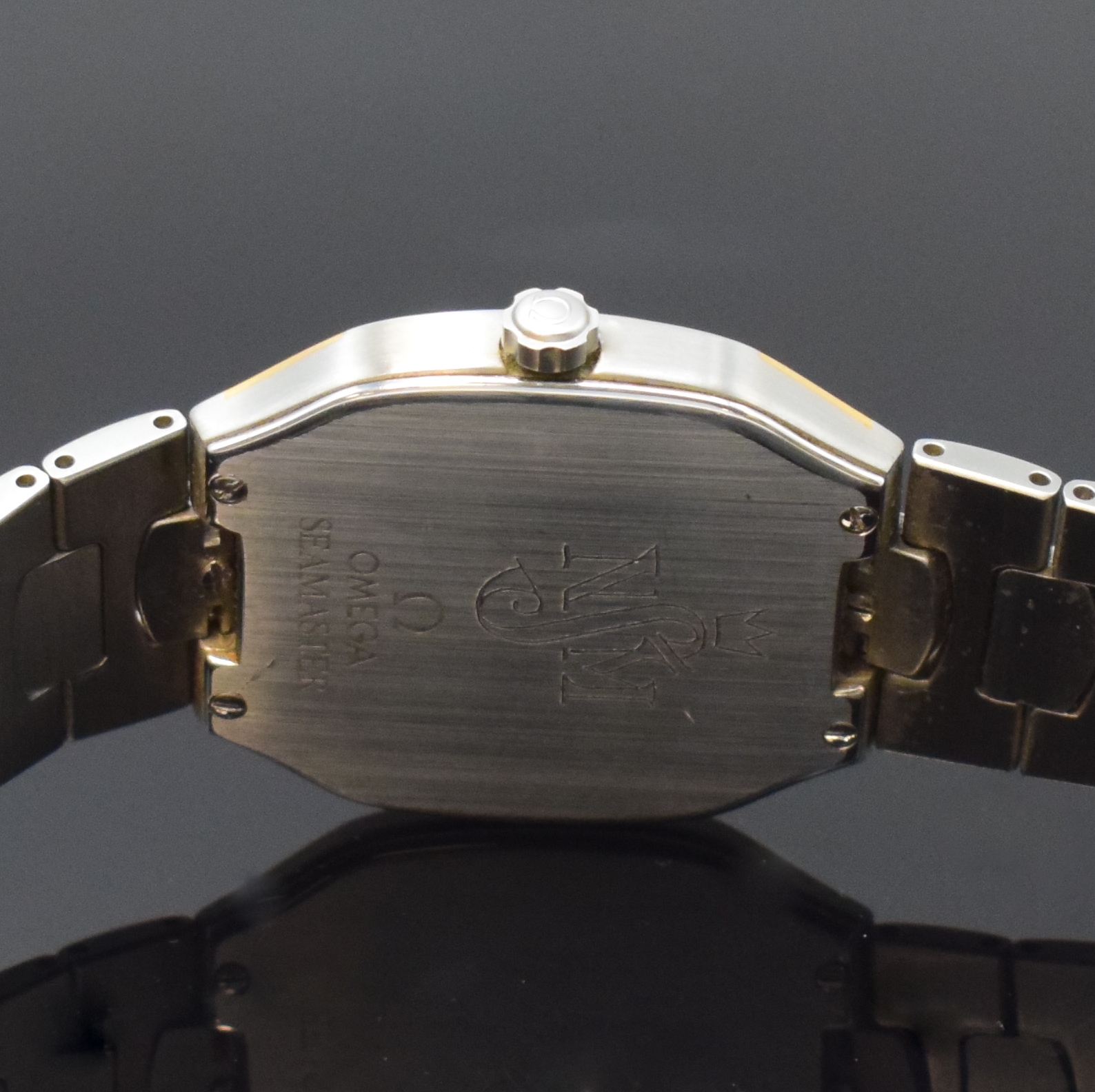 Detail f: OMEGA Seamaster Polaris Multi-Funktions- Armbanduhr Referenz 386.0822 in Stahl/Gold, Schweiz um 1990, quarz, satiniertes Geh., 4- fach verschr. Boden ...