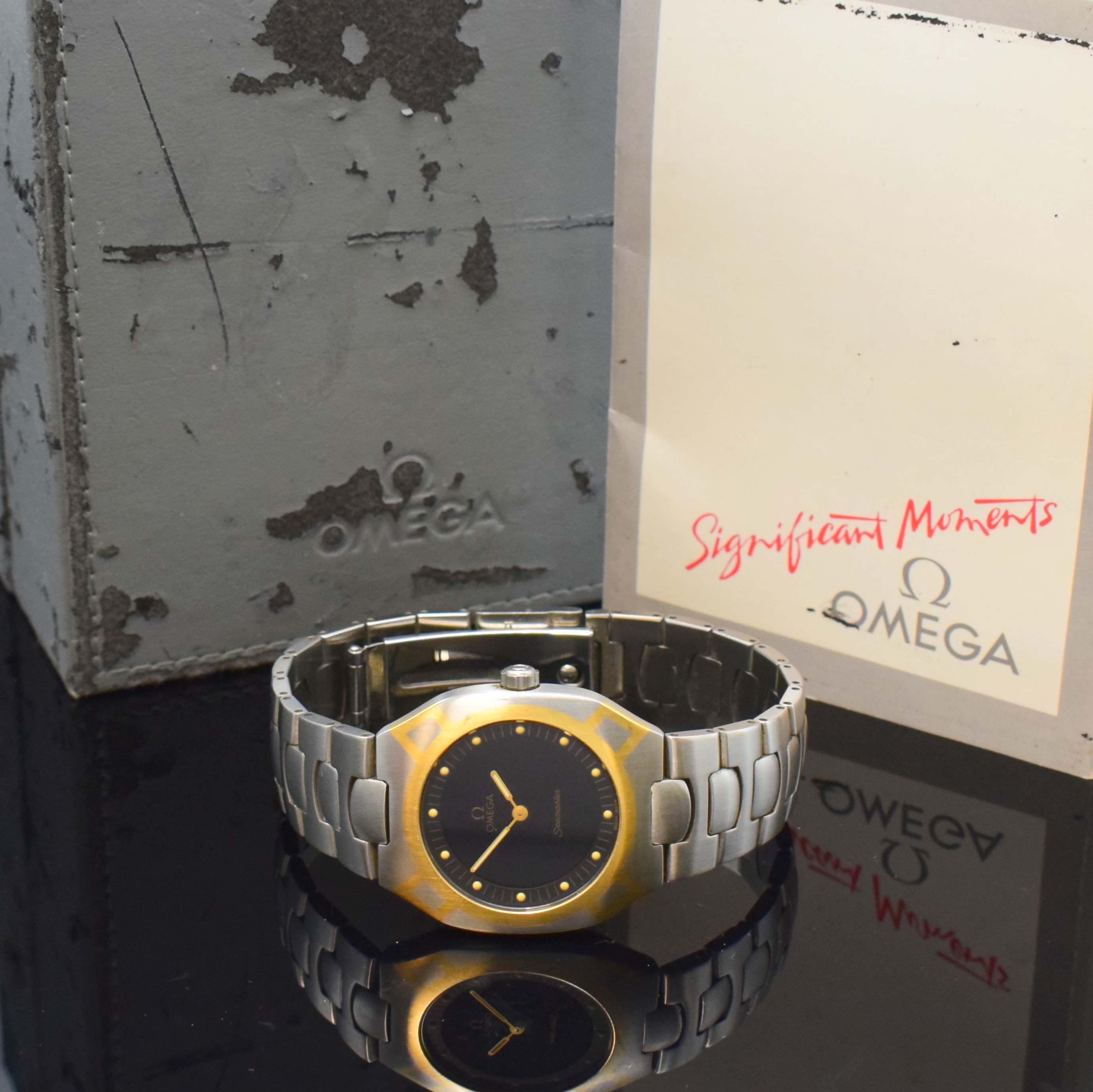 Detail g: OMEGA Seamaster Polaris Multi-Funktions- Armbanduhr Referenz 386.0822 in Stahl/Gold, Schweiz um 1990, quarz, satiniertes Geh., 4- fach verschr. Boden ...