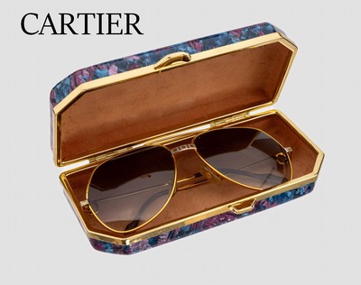 Image CARTIER sunglasses , metal gilt, model Santos, frame size 140, signed, lenses with ...