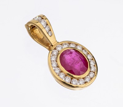 Image 18 kt gold ruby-brilliant-clippendant , YG 750/000, centered oval bevelled ruby approx. ...