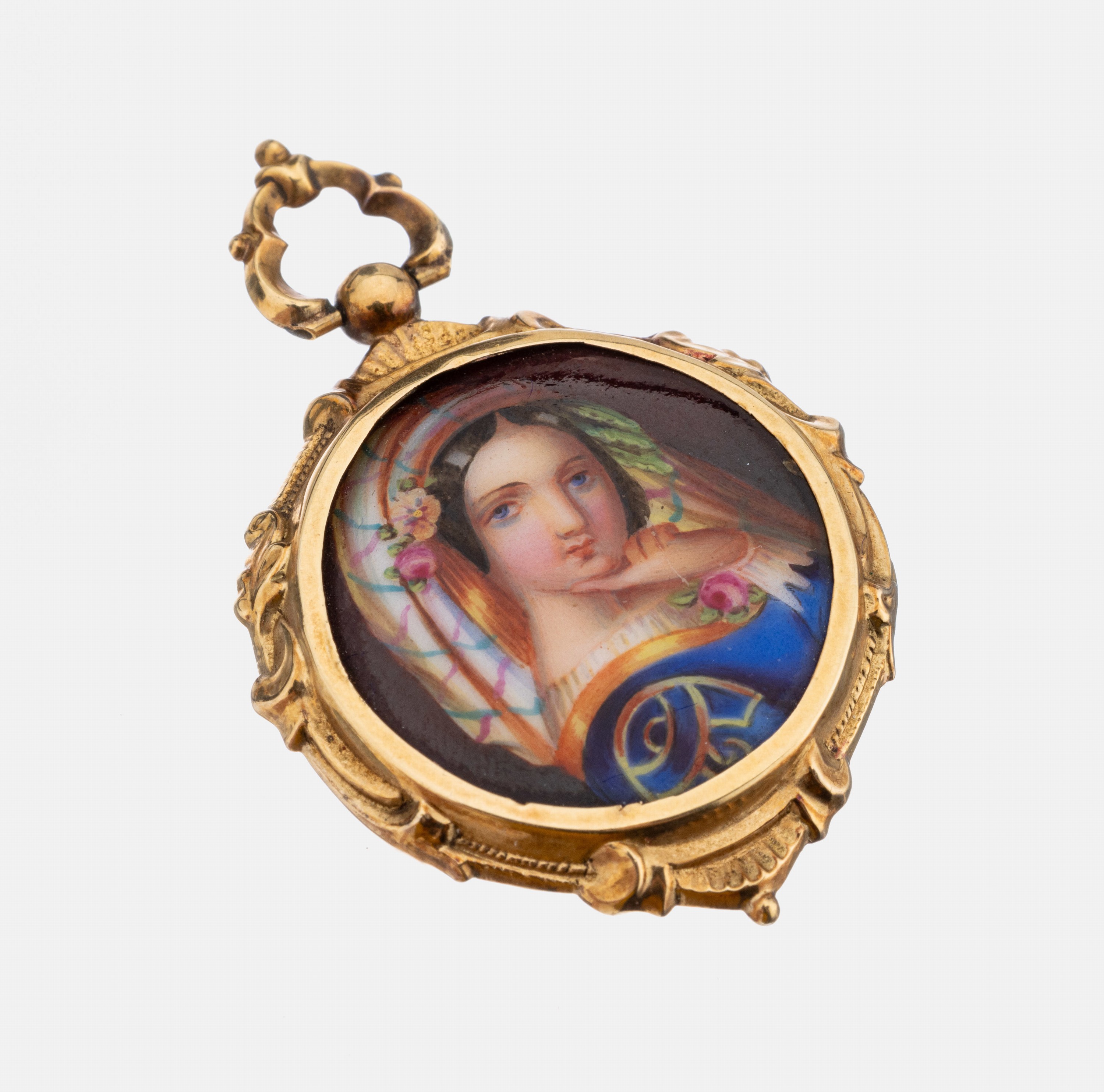 14 kt Gold Medaillon-Anhänger mit Miniaturmalerei, um 1860, GG 585/000 gepr.,Front mit Miniaturmalerei, Darstellung einer Dame in Tracht, rs. ...