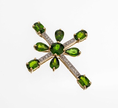 Image Extraordinary 14 kt gold tsavorite-diamond- crosspendant , YG 585/000, 9 bevelled ...