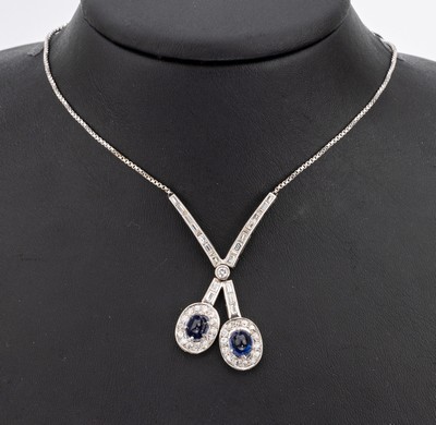 Image 18 kt Gold Diamant-Saphir-Collier, WG 750/000, 29 Altschliffdiamanten und 19 ...