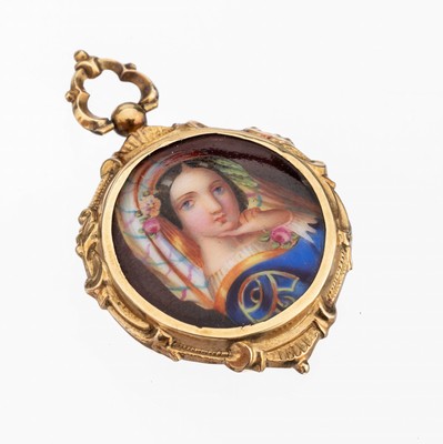 Image 14 kt gold medaillion-pendant with miniature painting , approx. 1860, YG 585/000 tested, ...