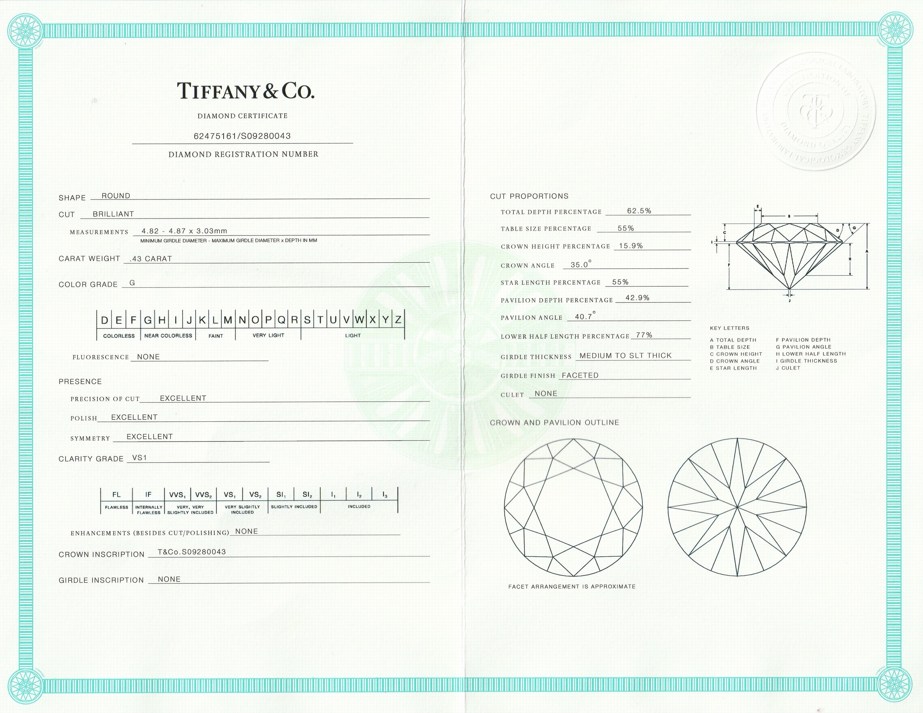 Detail a: Platin TIFFANY & CO Brillant-Ring, Pt. 950,Brillant-Solitär ca. 0.43 ct (grav.) feines Weiß(G)/vs1, RW 50, ca. 3.8 g, mit orig. Box, Umkarton und ...