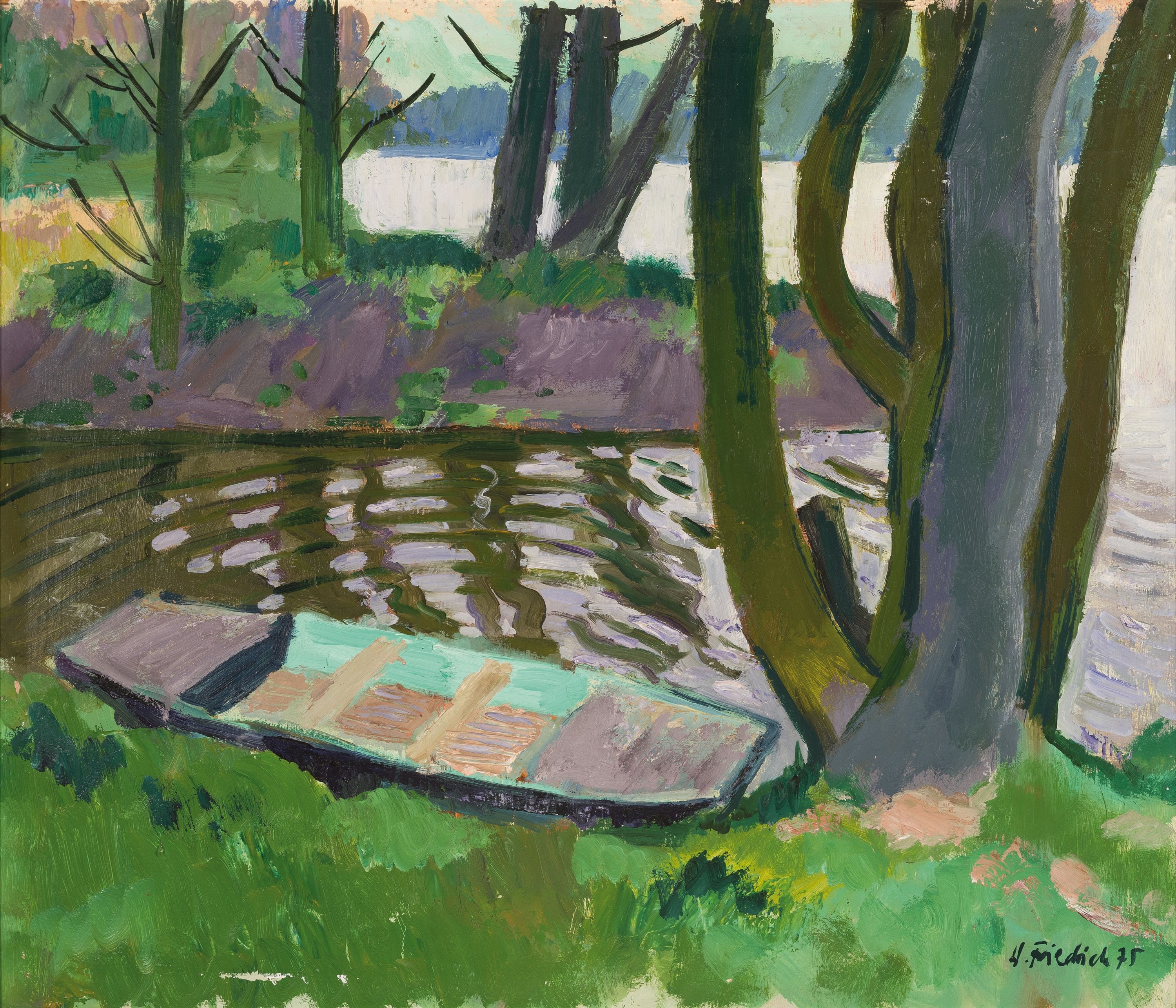 Heinz Friedrich, 1924-2018 Schwetzingen, Altrhein-Landschaft mit Ruderboot, rechts unten signiert und datiert 1975, verso bezeichnet "Althrein ...