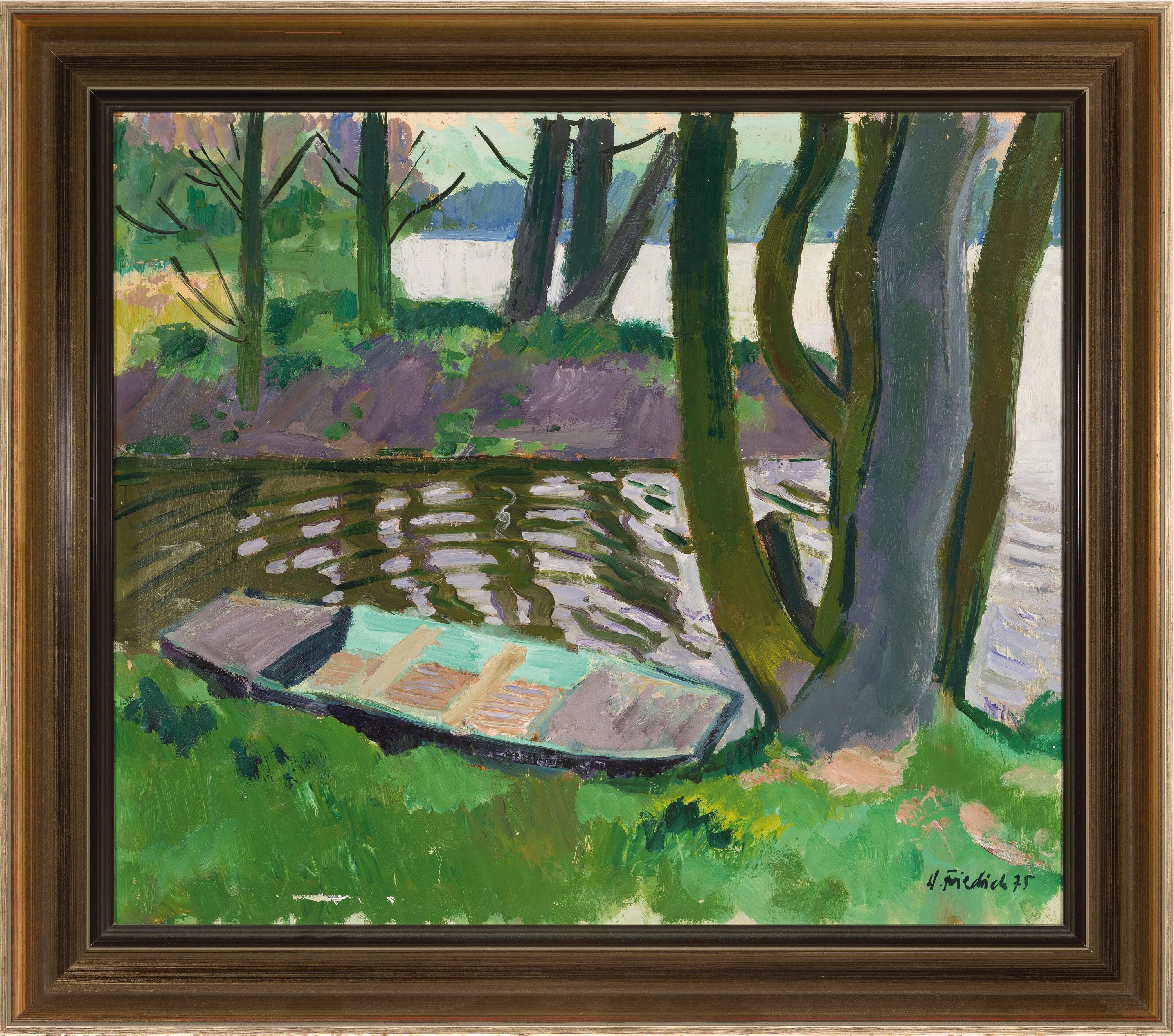 Detail k: Heinz Friedrich, 1924-2018 Schwetzingen, Altrhein-Landschaft mit Ruderboot, rechts unten signiert und datiert 1975, verso bezeichnet "Althrein ...