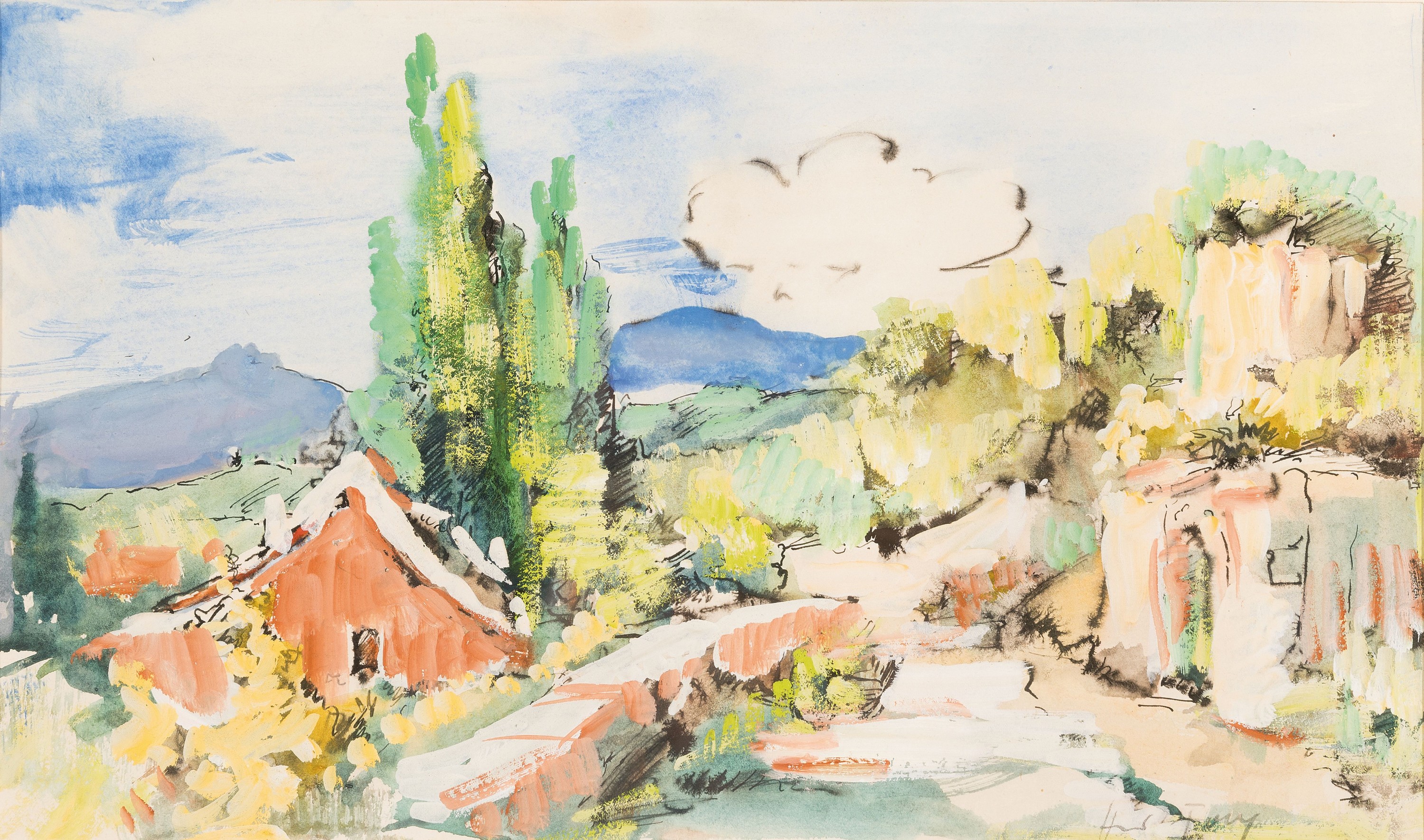Hanns Fay, 1888 Frankenthal-1957 Neustadt, Aquarell und Tusche, pfälzer Dorfstraße mit Blick auf die Haardt, rechts unten signiert, unter PP und ...