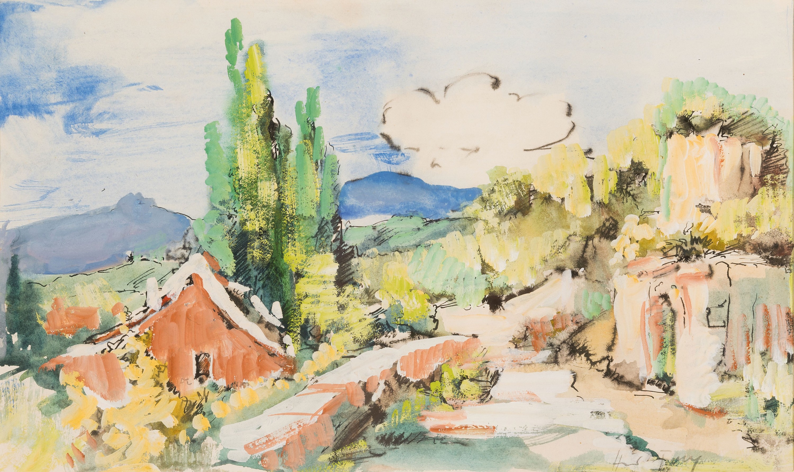 Detail a: Hanns Fay, 1888 Frankenthal-1957 Neustadt, Aquarell und Tusche, pfälzer Dorfstraße mit Blick auf die Haardt, rechts unten signiert, unter PP und ...