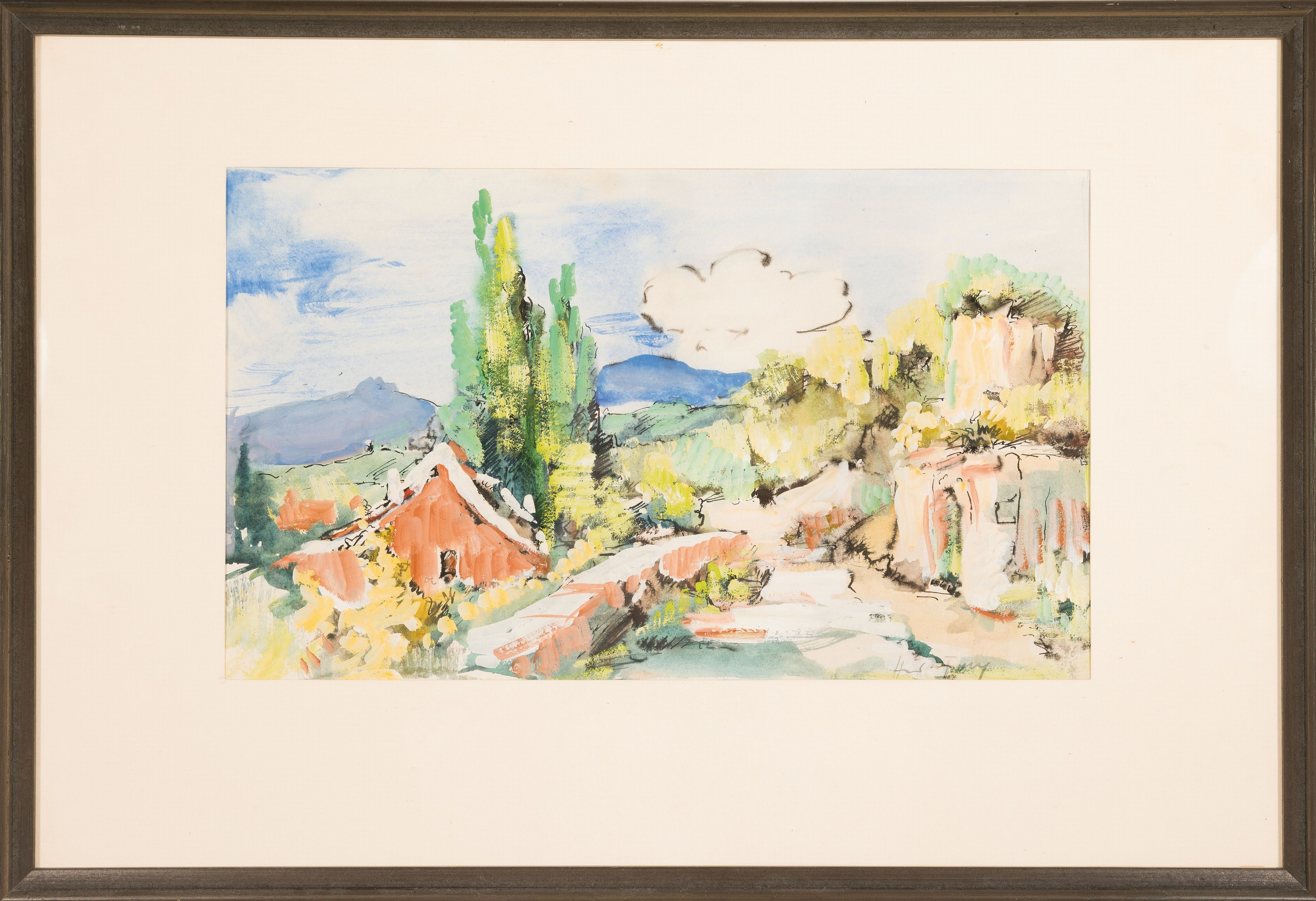 Detail k: Hanns Fay, 1888 Frankenthal-1957 Neustadt, Aquarell und Tusche, pfälzer Dorfstraße mit Blick auf die Haardt, rechts unten signiert, unter PP und ...