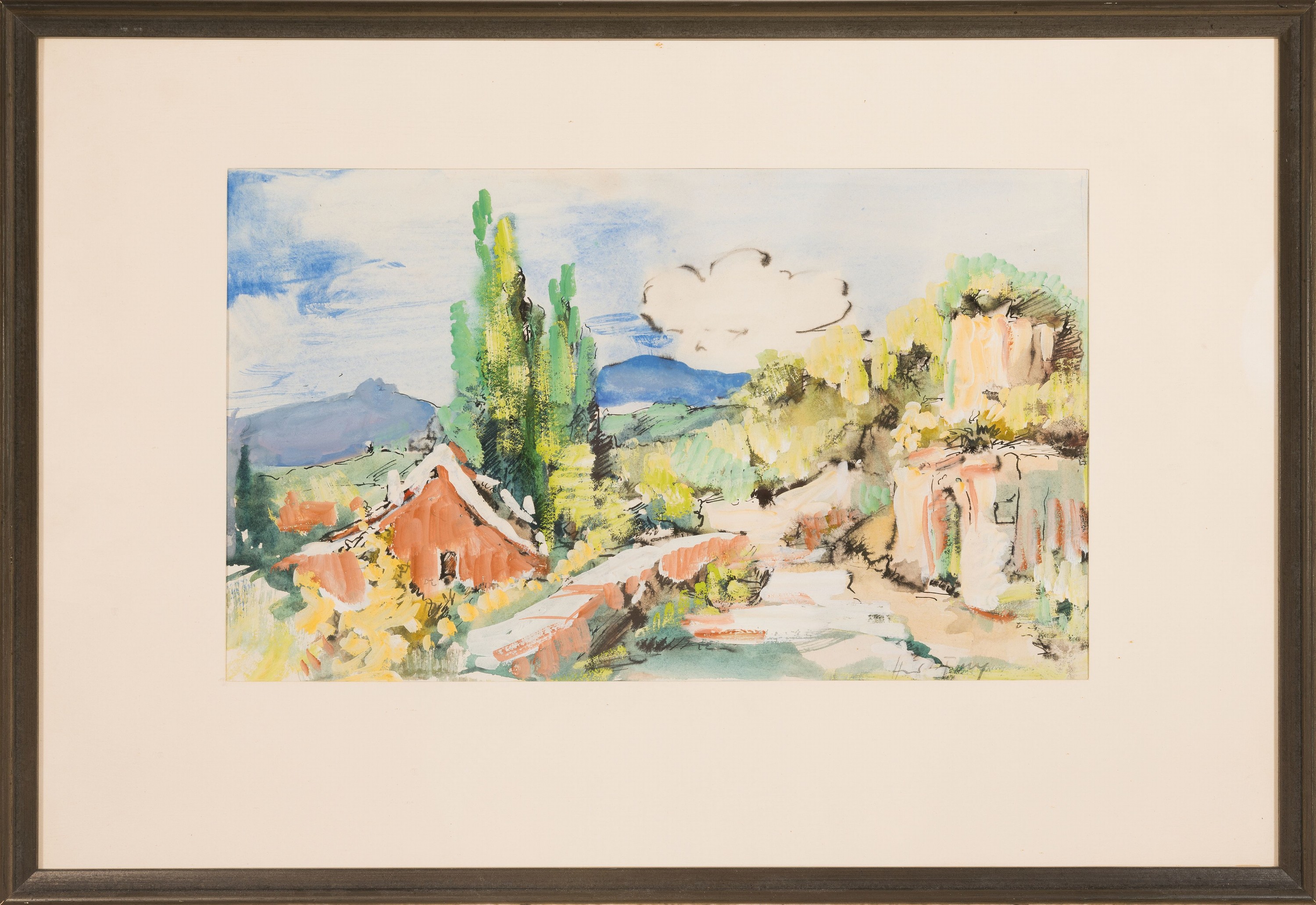 Detail l: Hanns Fay, 1888 Frankenthal-1957 Neustadt, Aquarell und Tusche, pfälzer Dorfstraße mit Blick auf die Haardt, rechts unten signiert, unter PP und ...