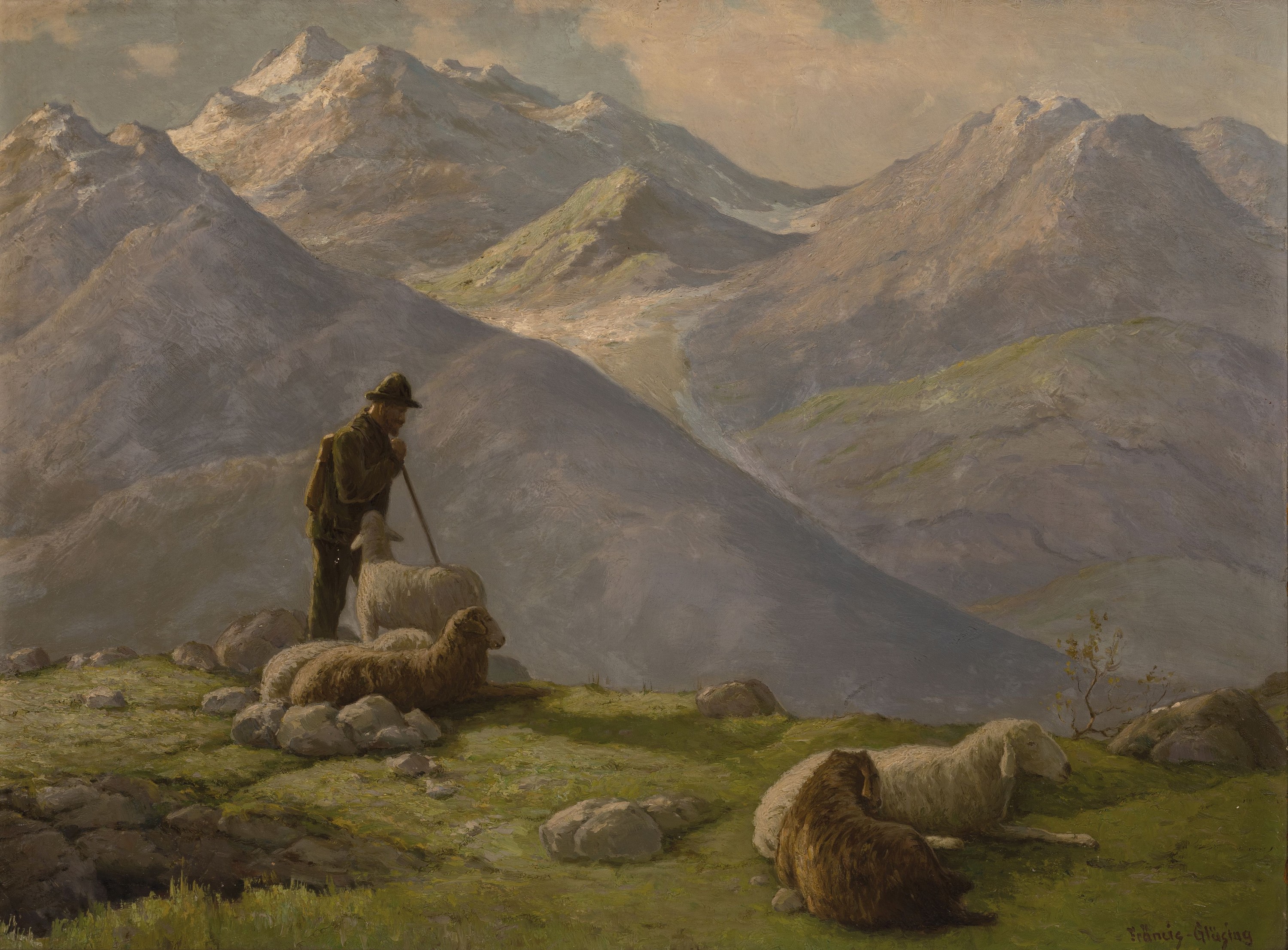 Martin Fräncis Glüsing, 1885 Altona-1956 Hamburg, Almhirt vor Alpenpanorama, seltens Sujet neben den überwiegend maritimen Themen, rechts unten ...