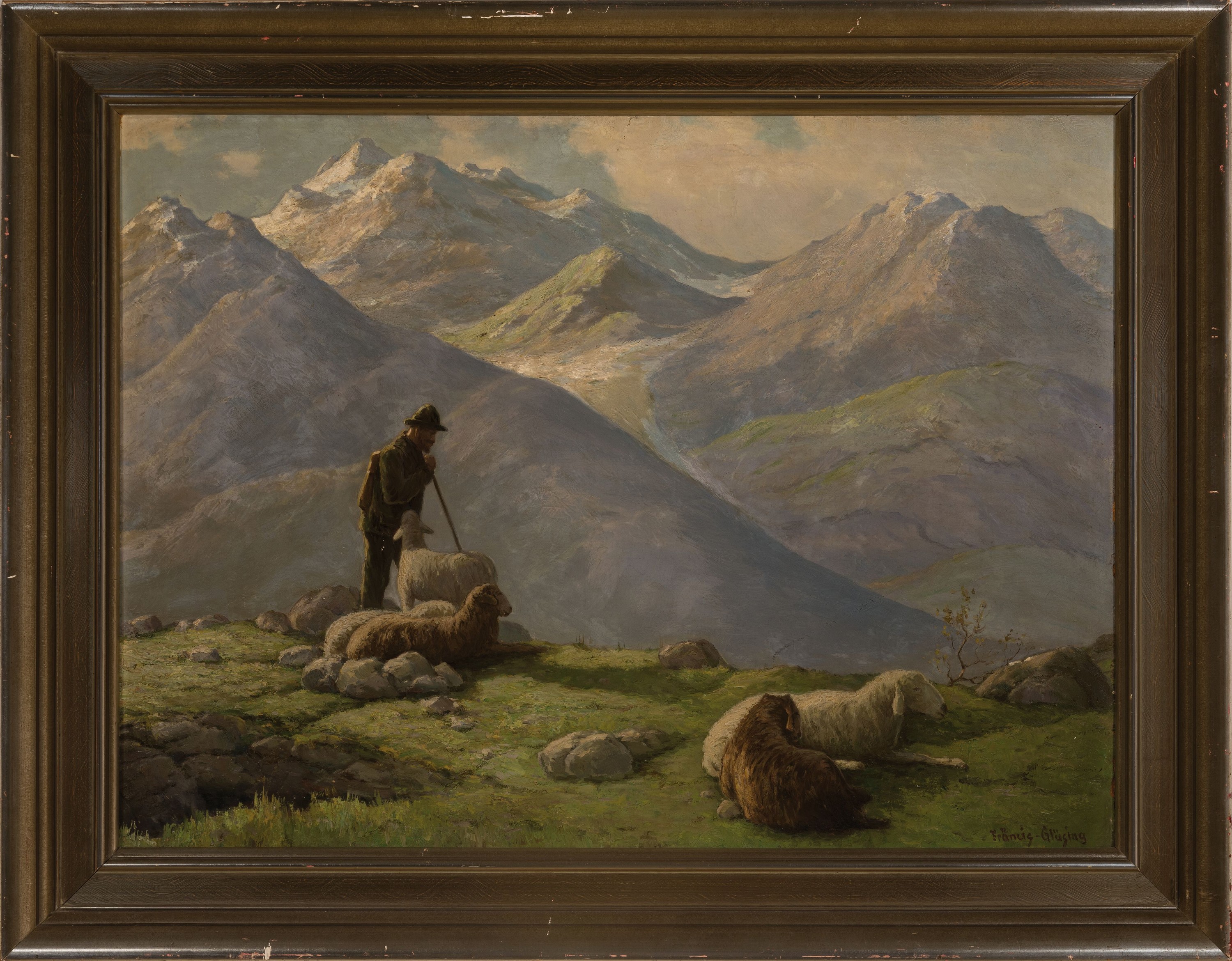 Detail k: Martin Fräncis Glüsing, 1885 Altona-1956 Hamburg, Almhirt vor Alpenpanorama, seltens Sujet neben den überwiegend maritimen Themen, rechts unten ...