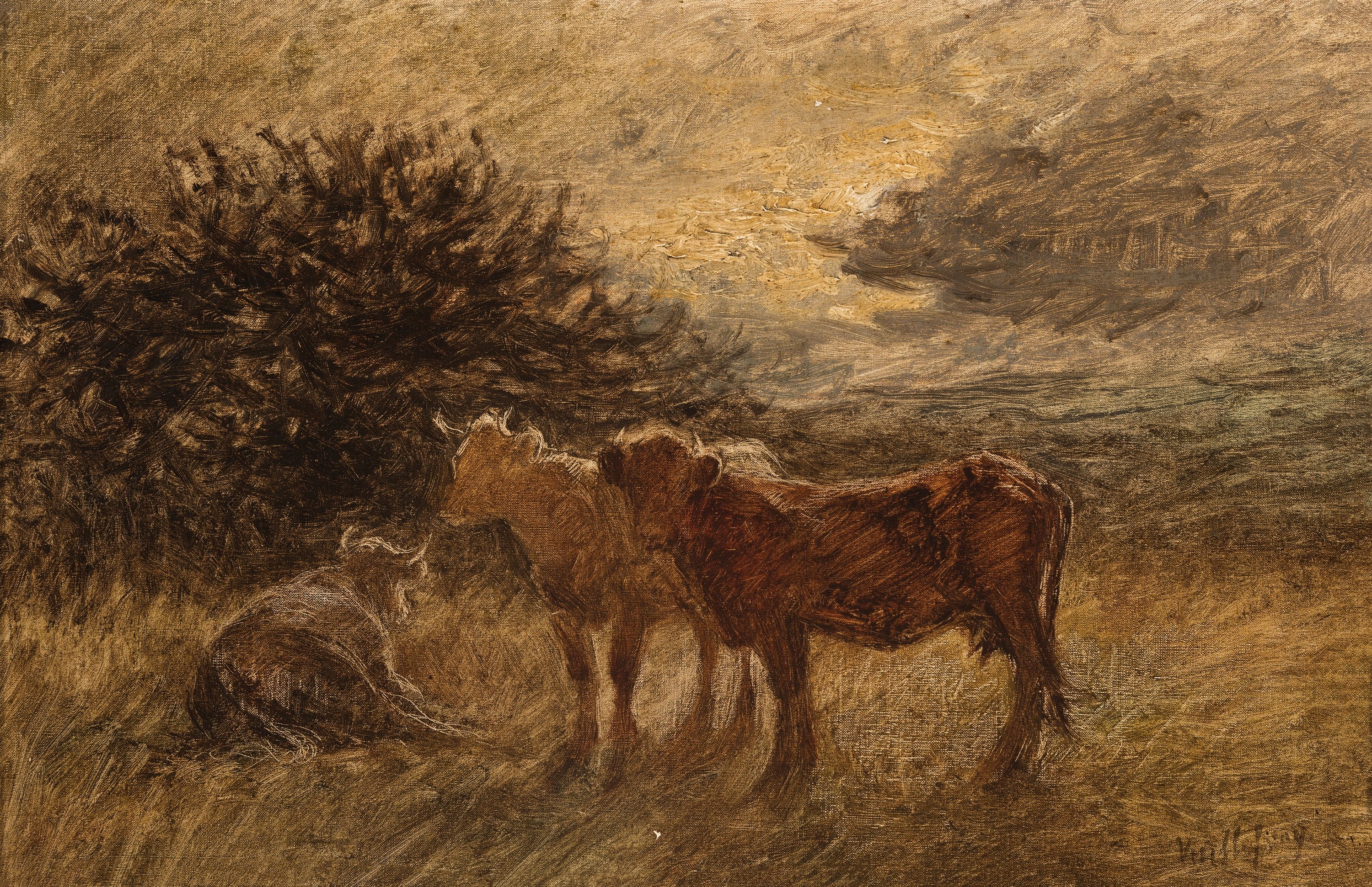 Felix Dominique de Vuillefroy, 1841 Paris-1916, Kühe bei Mondschein auf der Weide, rechts unten signiert, Öl/Lwd, 43x28 cm, Rahmen 83x52cm