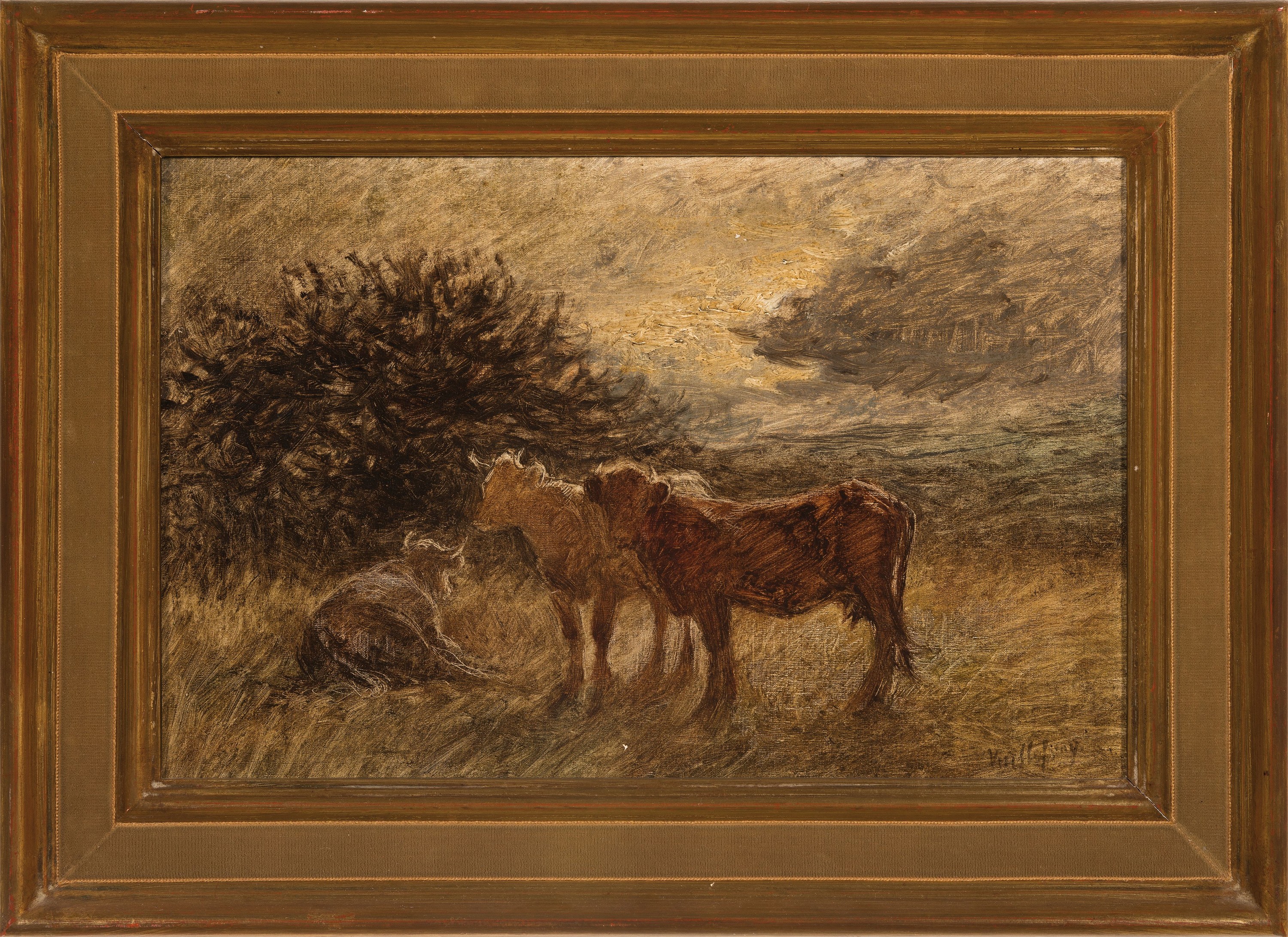 Detail k: Felix Dominique de Vuillefroy, 1841 Paris-1916, Kühe bei Mondschein auf der Weide, rechts unten signiert, Öl/Lwd, 43x28 cm, Rahmen 83x52cm