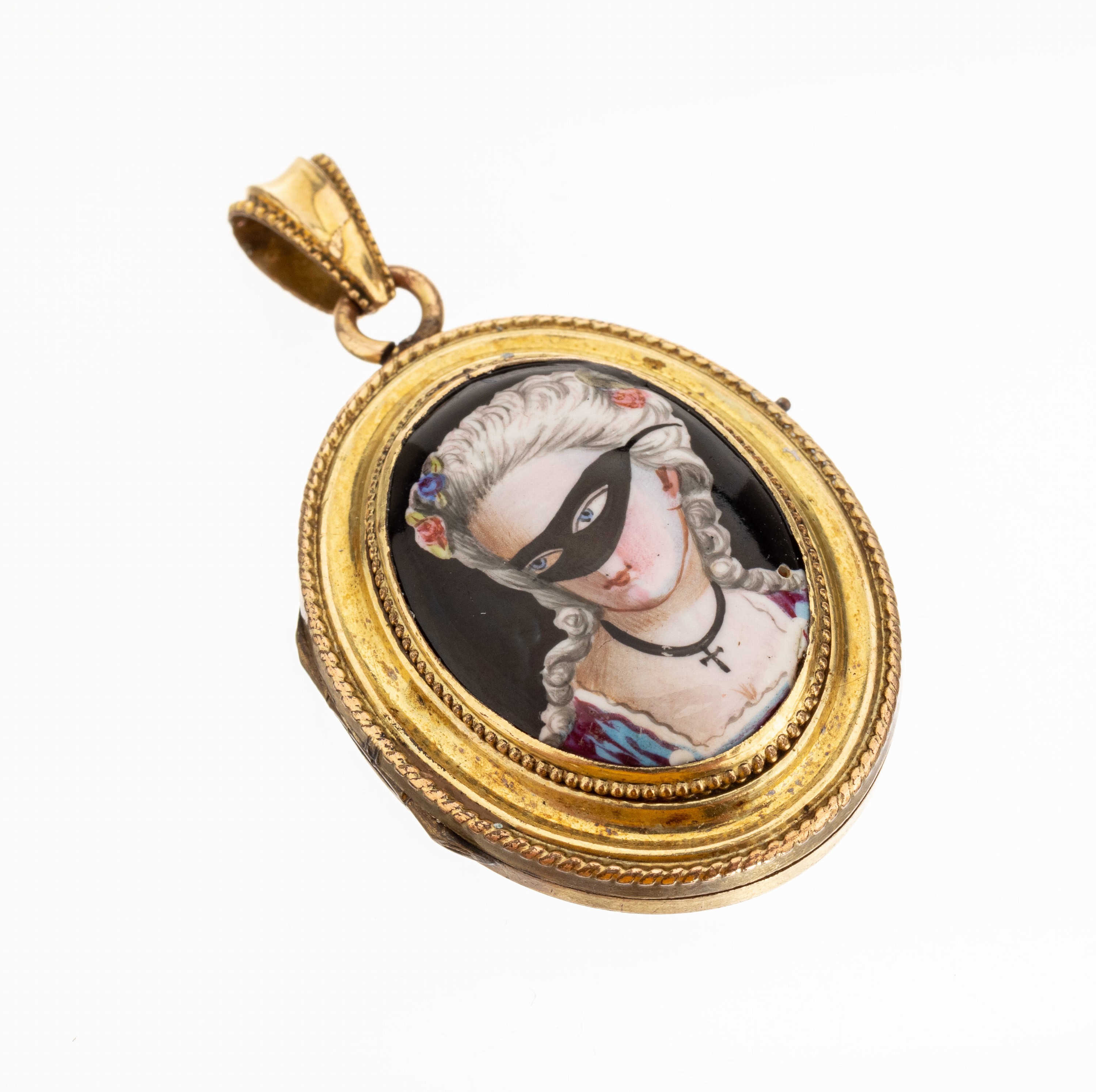 Medaillon-Anhänger mit Miniaturmalerei, um 1890-1900, Metall verg., Vorderseite mit Emailmalerei, Darstellung einer Dame, innen Rahmen mit Glas, ...