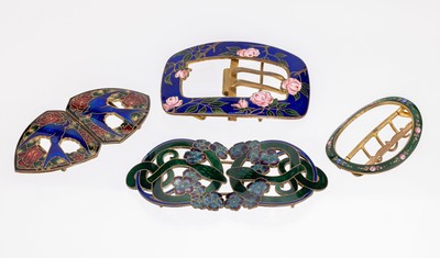 Image Lot 4 belt buckles with enamel , approx. 1900, metal, 1 x rose decor, 1 x with snakes ...