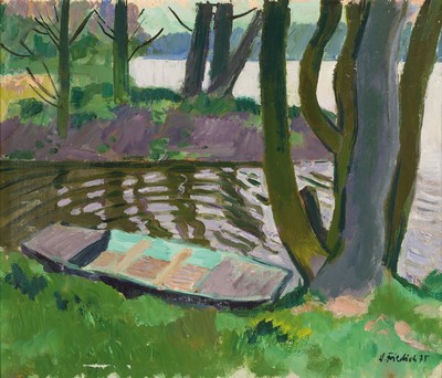 Image Heinz Friedrich, 1924-2018 Schwetzingen, Altrhein-Landschaft mit Ruderboot, rechts unten ...