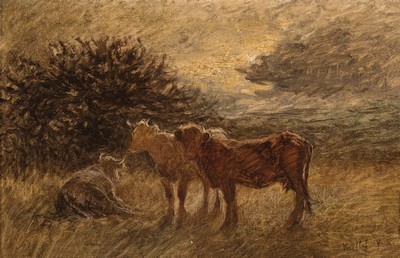 Image Felix Dominique de Vuillefroy, 1841 Paris- 1916, cows in the pasture by moonlight, signed ...