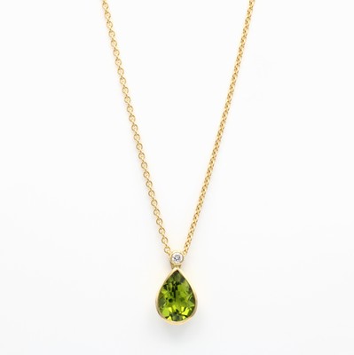 Image Anhänger mit Peridot und Brillant an Rundankerkette, GG 750/000, Peridottropfen ca. ...