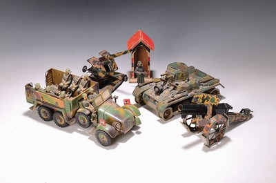 Image Mixed lot of military toys, German, after 1945, sheet iron, painted in color, troop ...