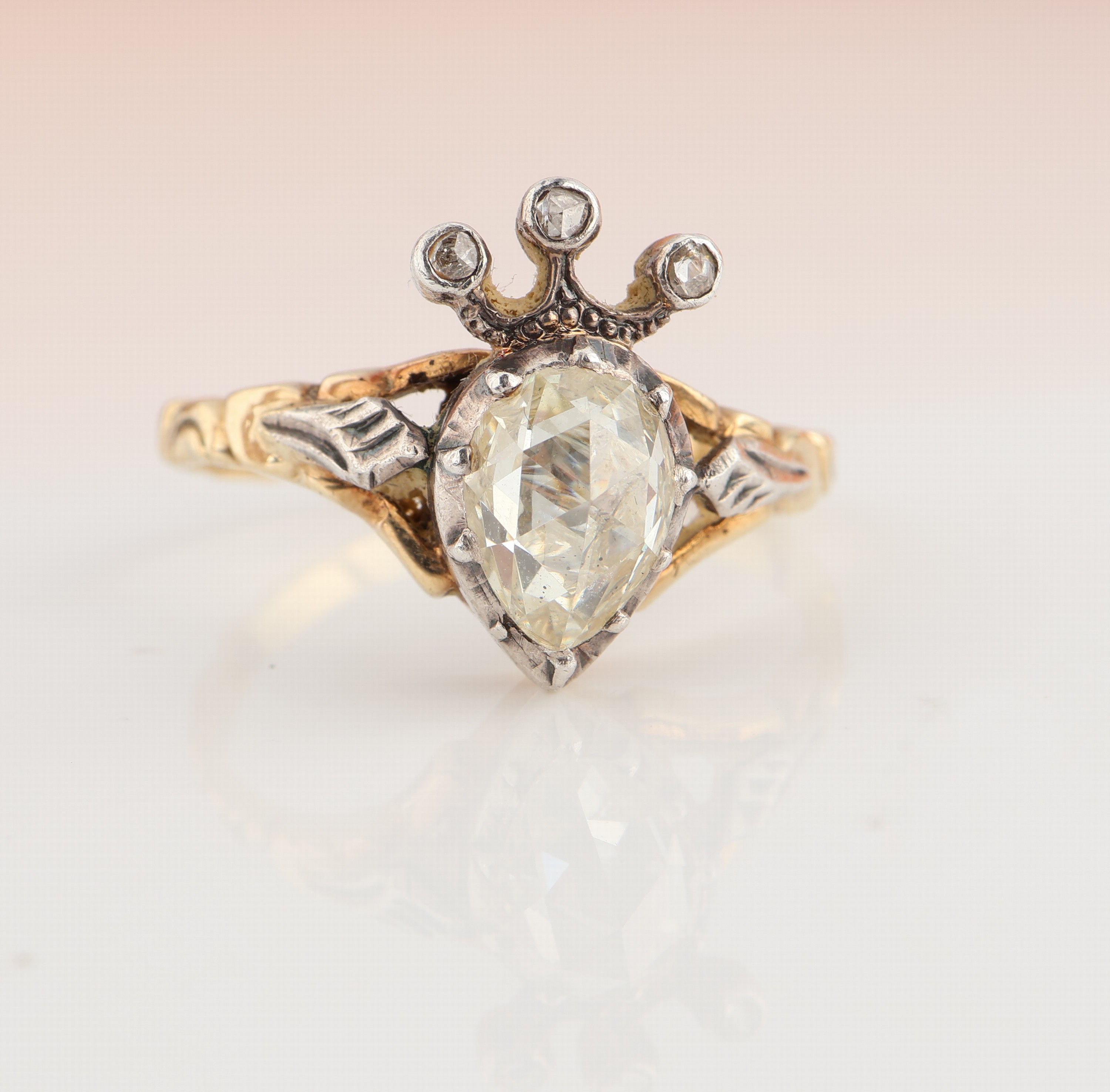 Detail f: 14 kt Gold Diamant-Ring, um 1770/80, GG 585/000 und Silber, Niederlande, Meistermarke GM4, 1 tropfenf. Diamantrose ca. 0.72 ct get. Weiss/p, 3 kl. ...