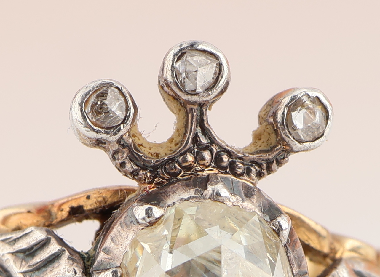 Detail g: 14 kt Gold Diamant-Ring, um 1770/80, GG 585/000 und Silber, Niederlande, Meistermarke GM4, 1 tropfenf. Diamantrose ca. 0.72 ct get. Weiss/p, 3 kl. ...