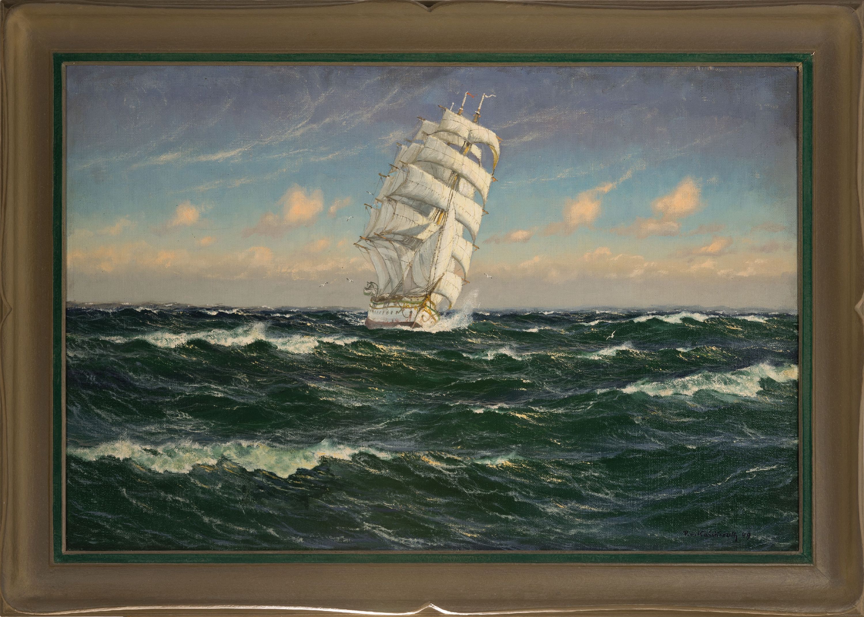 Detail k: Patrick von Kalckreuth, 1892 Kiel-1970 Starnberg, maritime Szene mit Dreimaster mit aufgeblähten Segeln, rechts unten signiert und datiert 1949, ...